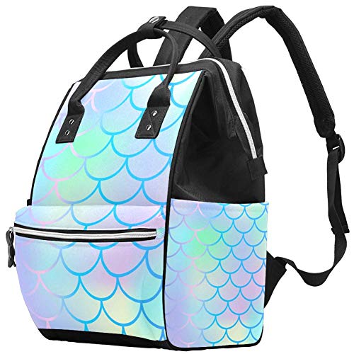 Shiny Bright Mermaid Scale Pattern Diaper Backpack - Waterproof Baby Care Bag with Cooler Pocket & Tissue Holder - Multi-Functional Travel Backpack for Moms (Perfect for Daycare, Beach Trips & Family Outings)