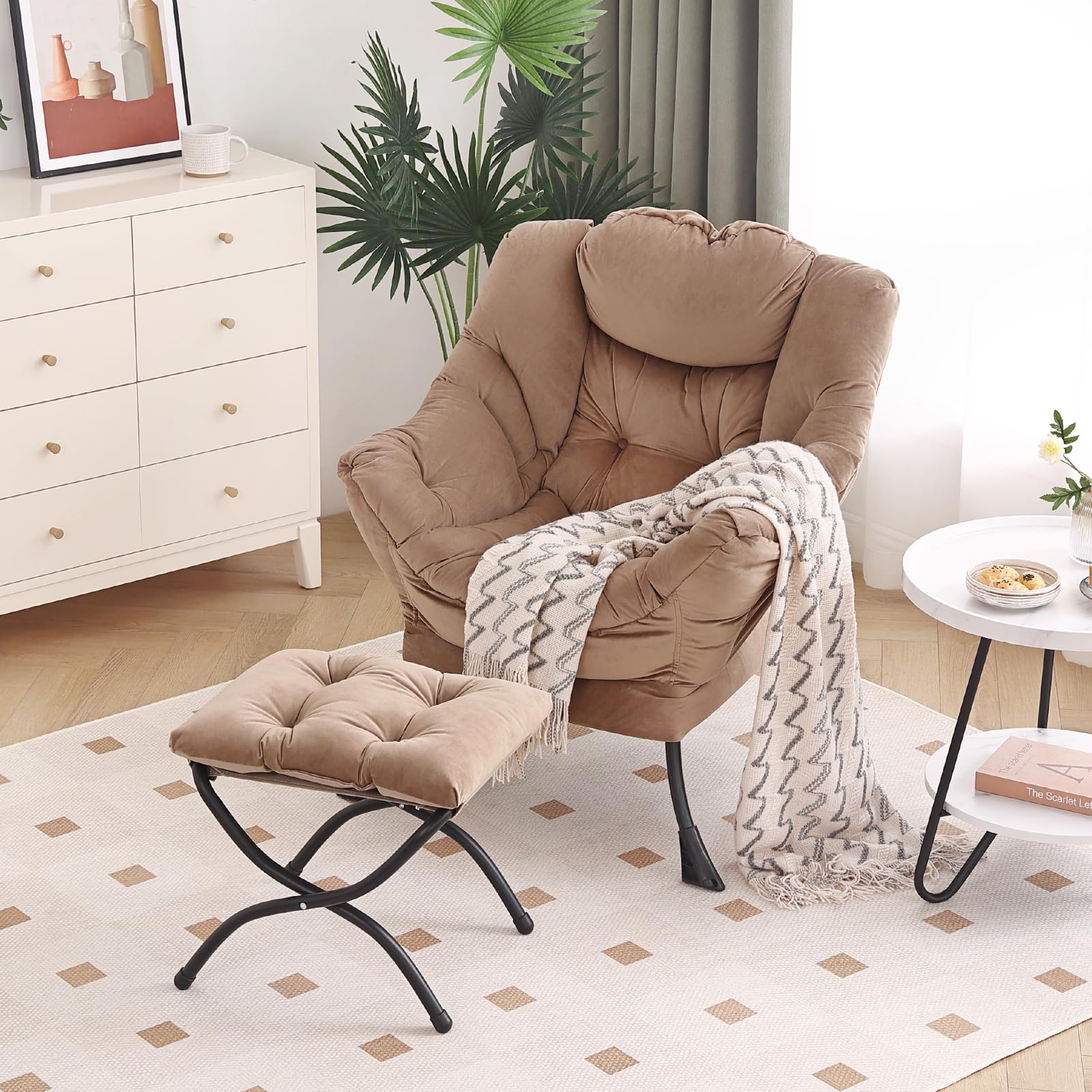 Modern Lazy Chair with Ottoman - Folding Footrest Lounge Accent Chair for Comfortable Reading | Oversized Armchair for Bedroom, Study, Living Room & Courtyard (Khaki) | Perfect for Relaxing, Napping & Home Decor