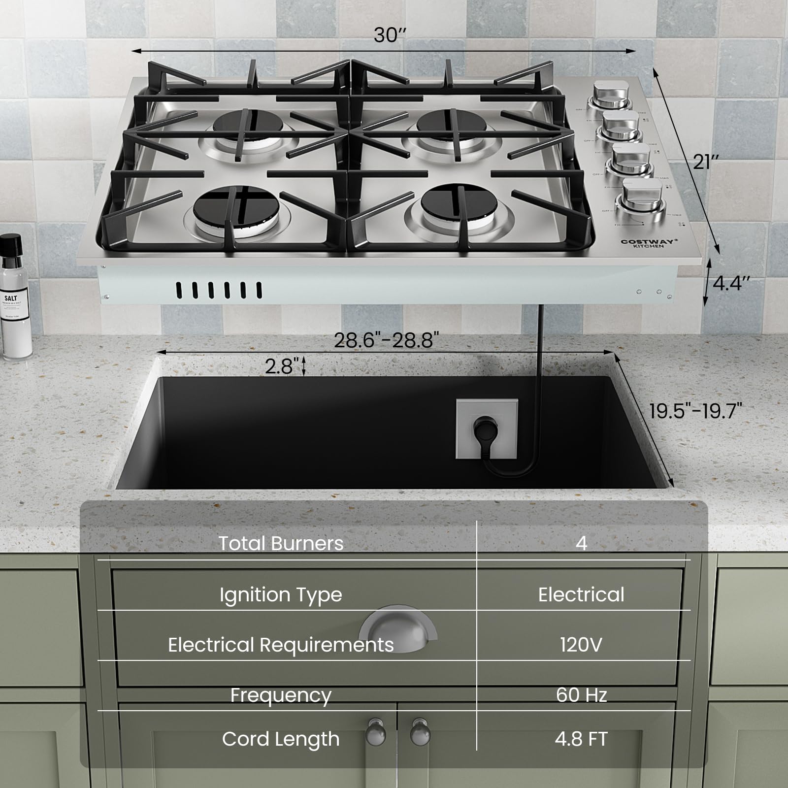 COSTWAY 30-inch 4 Burner Gas Cooktop - Stainless Steel Gas Stove Top with ABS Knobs & Cast Iron Grates - NG/LP Convertible Sealed Burner Range for Kitchen - Easy Clean Silver Surface - Perfect for Home Cooking, Baking & Entertaining
