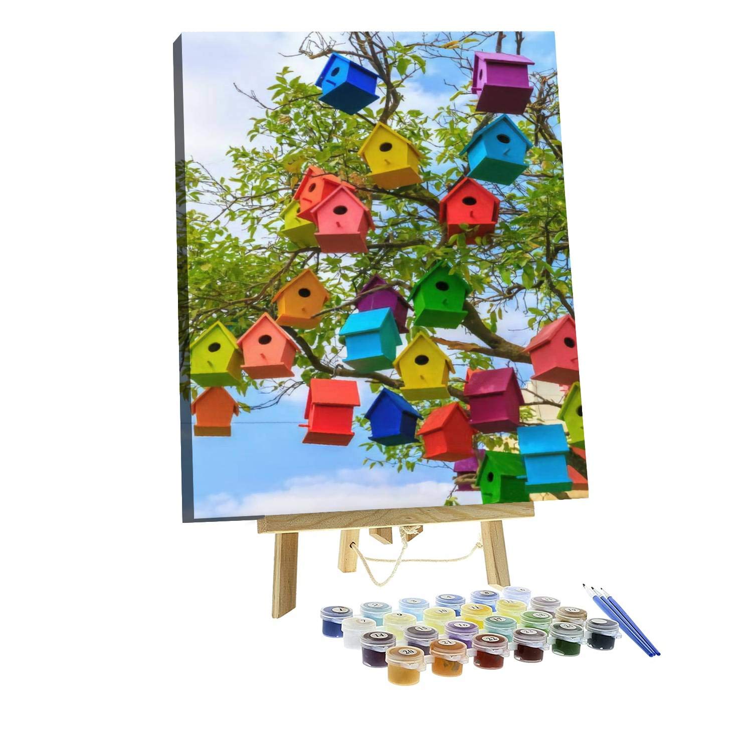 DIY Paint by Numbers Kit - Colorful Birdhouses on Mandarin Tree Canvas Art Set with Acrylic Paints & Brush, Includes Wooden Easel (16