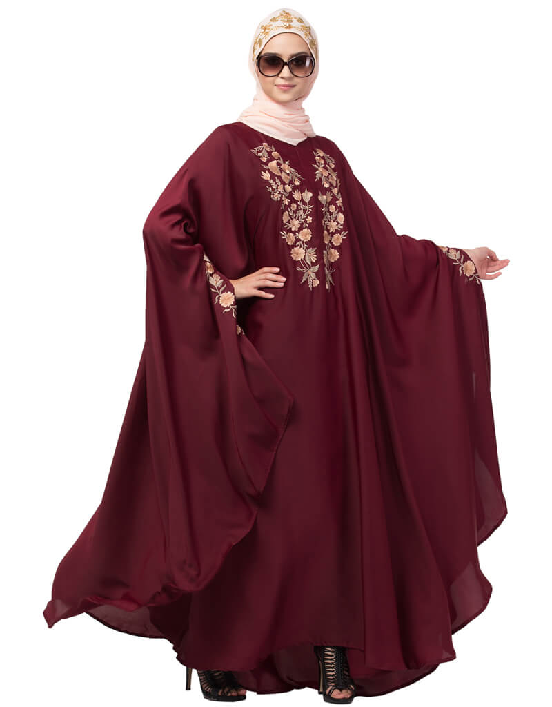 Elegant Arabic Embroidered Irani Kaftan - Maroon Neck & Sleeve Design | Perfect for Eid, Weddings & Special Occasions