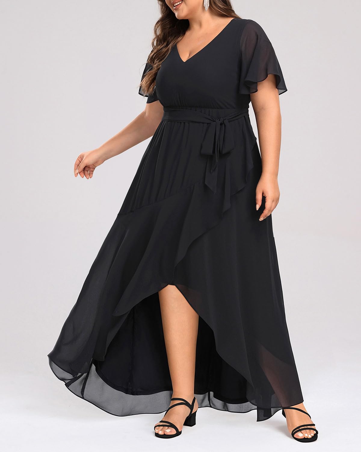 Elegant Plus Size Women's Long Chiffon Dress with High-Low Hem & Ruffle Detail - Perfect for Evening, Bridesmaid, Wedding Guest & Formal Occasions - Flowy Maxi Dress for Special Events & Parties