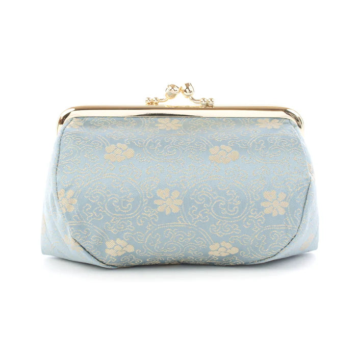 Authentic Kyoto Nishijin Small Pouch - Blue Chrysanthemum & Peony Floral Design | Japanese Handmade Cosmetic & Makeup Bag | Perfect for Travel, Gift & Daily Essentials Storage
