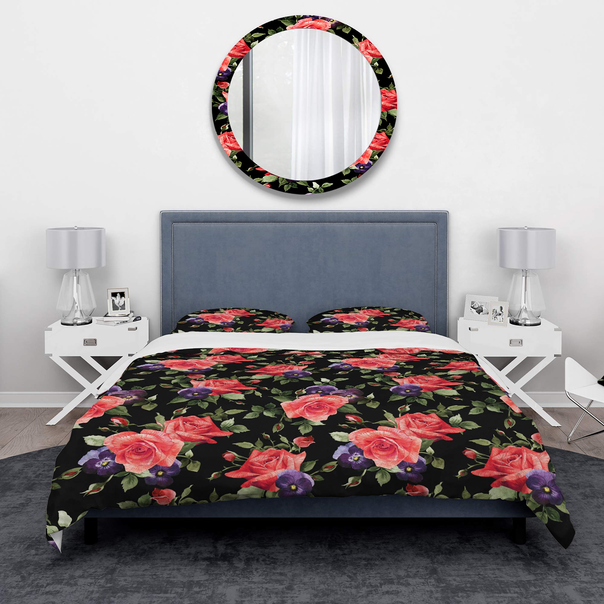 DesignQ Pansy Flowers Rose Patterns Nautical & Coastal Duvet Cover Set - Black Twin Size Floral Bedding 3-Piece Set for All Seasons | Perfect for Beach House, Guest Room & Coastal Themed Bedroom Decor