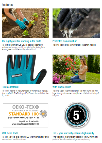 Gardena Planting and Soil Gloves - Durable Gardening Gloves for Planting, Digging & Weeding - Comfortable & Breathable for Outdoor Use - Perfect for Home Garden, Landscaping & Farm Work