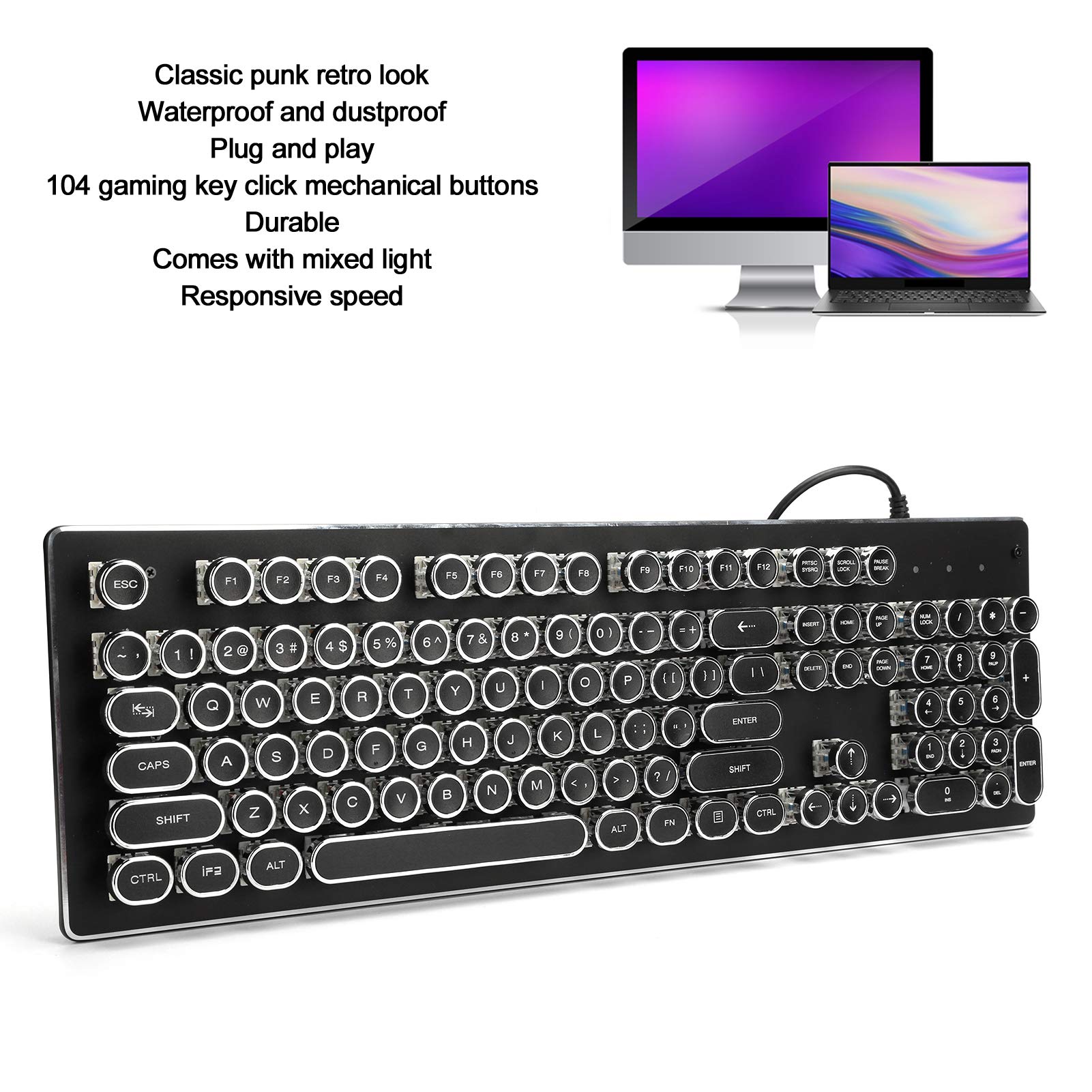 ASHATA Steampunk Retro Mechanical Wired Gaming Keyboard - 104 Keys RGB Backlit Keyboard for PC, Laptop & Desktop Computers (Black) | Perfect for Gaming, Office Work & Typing Enthusiasts