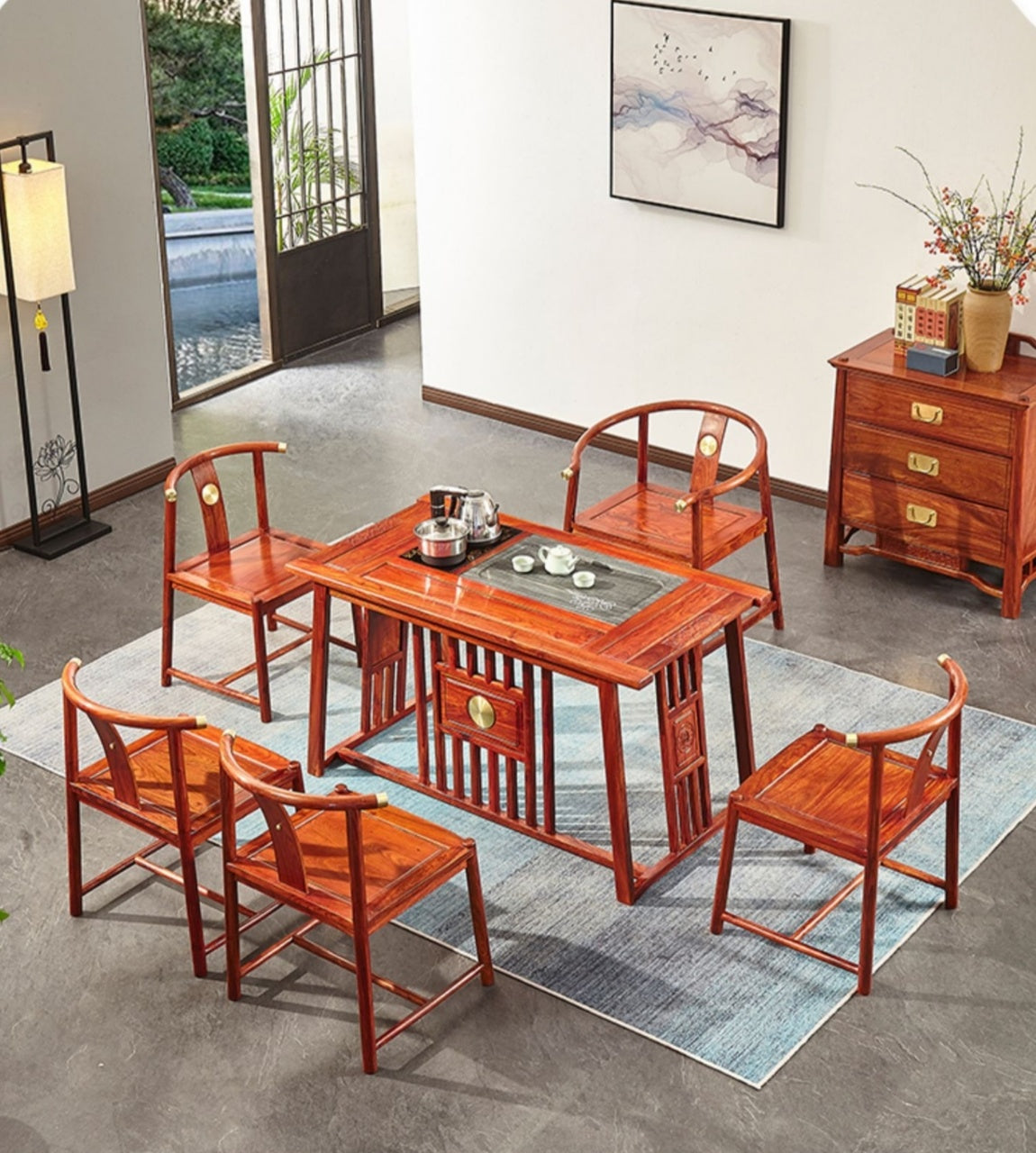 Premium African Rosewood Tea Table Set - Handcrafted Wooden Coffee Table with Matching Stools - Perfect for Living Room, Lounge, or Outdoor Patio