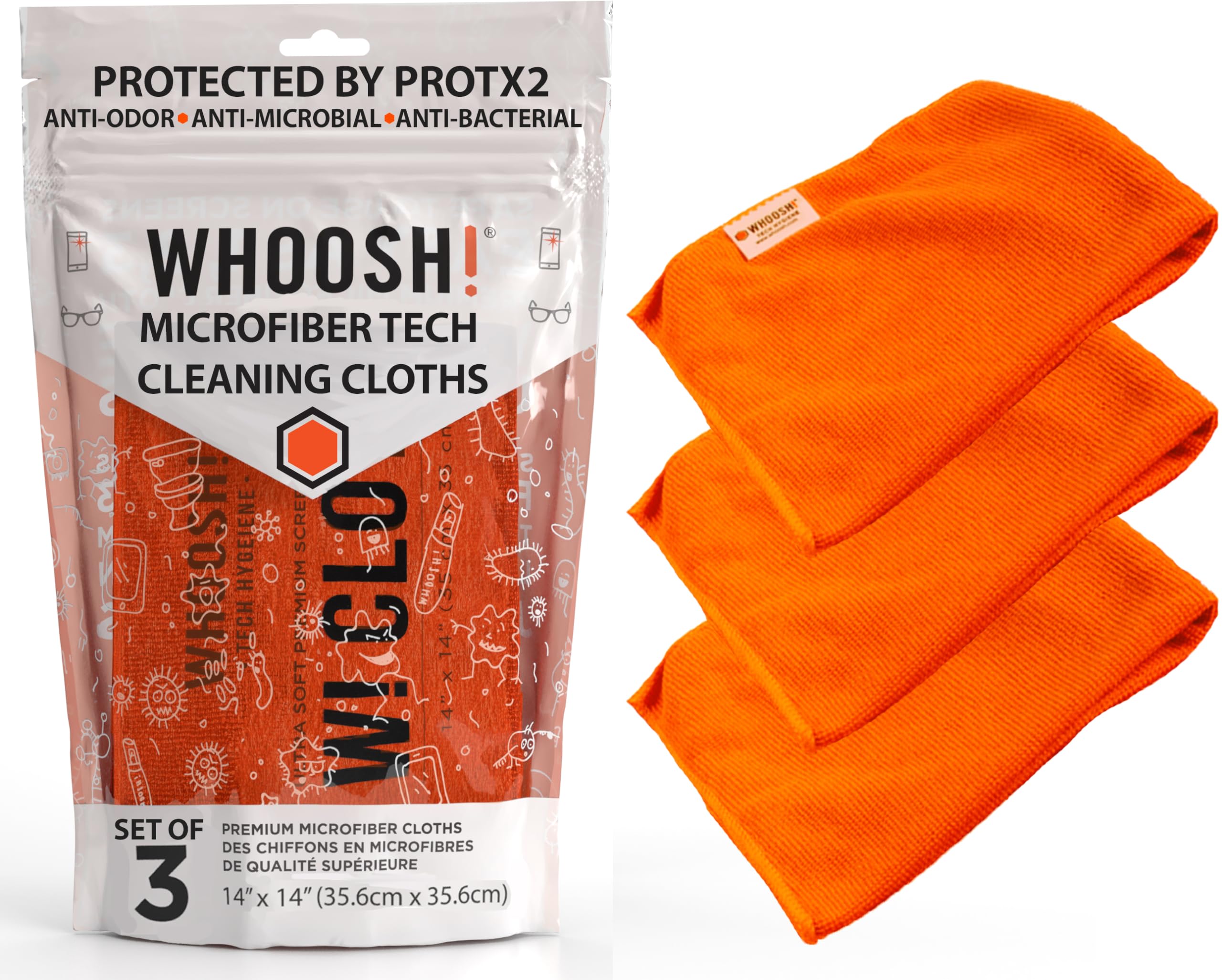WHOOSH! Premium Microfiber Cleaning Cloths 3-Pack - Ultra Soft Lens & Screen Cleaning Cloths for Glasses, TVs, Laptops, Phones, iPads, MacBooks, Monitors & Smartwatches (14x14 Inch) - Orange - Perfect for Home, Office & Car Use