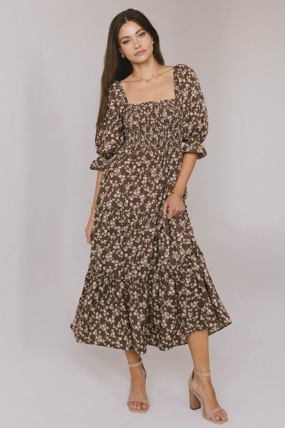 Kiran Floral Midi Dress for Women - Elegant Brown Flowy Summer Dress with V-Neck & Short Sleeves | Perfect for Beach Vacations, Garden Parties & Date Nights | FINAL SALE
