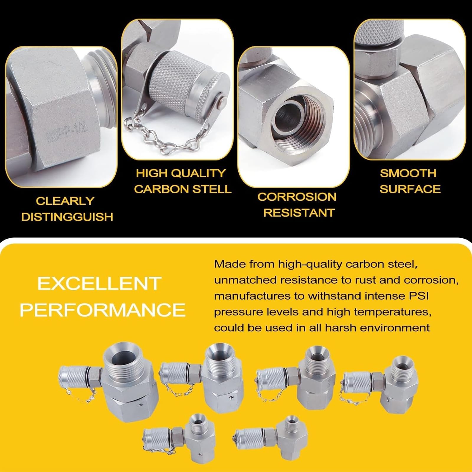 6 Pack BSPP Hydraulic Swivel Tee Fittings - High Pressure Hydraulic Connector Set for Excavator, Construction Equipment & Hydraulic Systems | Durable Couplings for Fluid Transfer, Testing & Maintenance