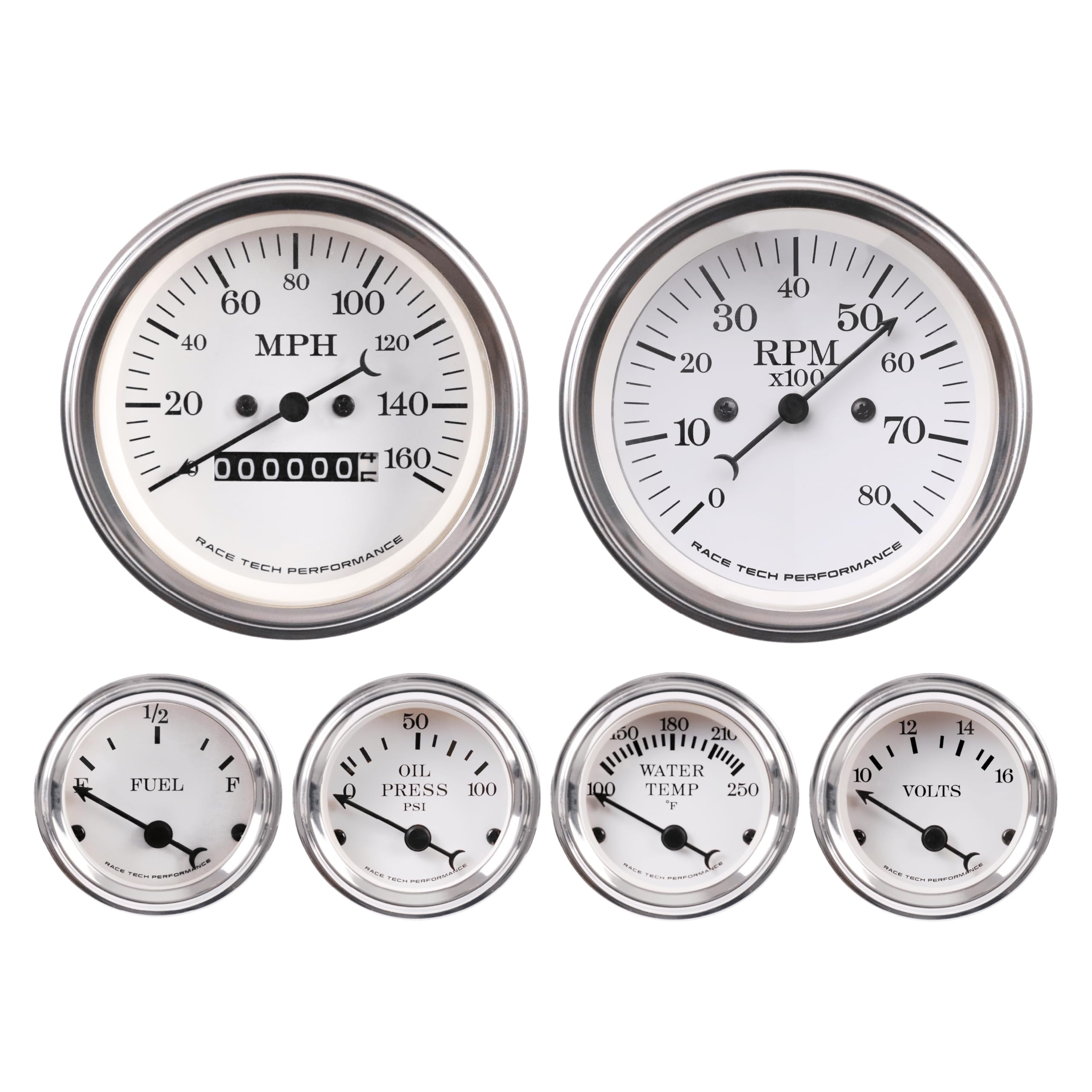 Vintage Mechanical 6 Gauge Set - White Dial Instrument Cluster with 4 Color Speedometer (MPH), Tachometer (RPM), Signal Filter, Volt, Fuel Level (240-33 Ohm), Water Temp & Oil Pressure Gauge - Classic Car Dashboard Upgrade for Muscle Cars, Hot Rods & Restorations