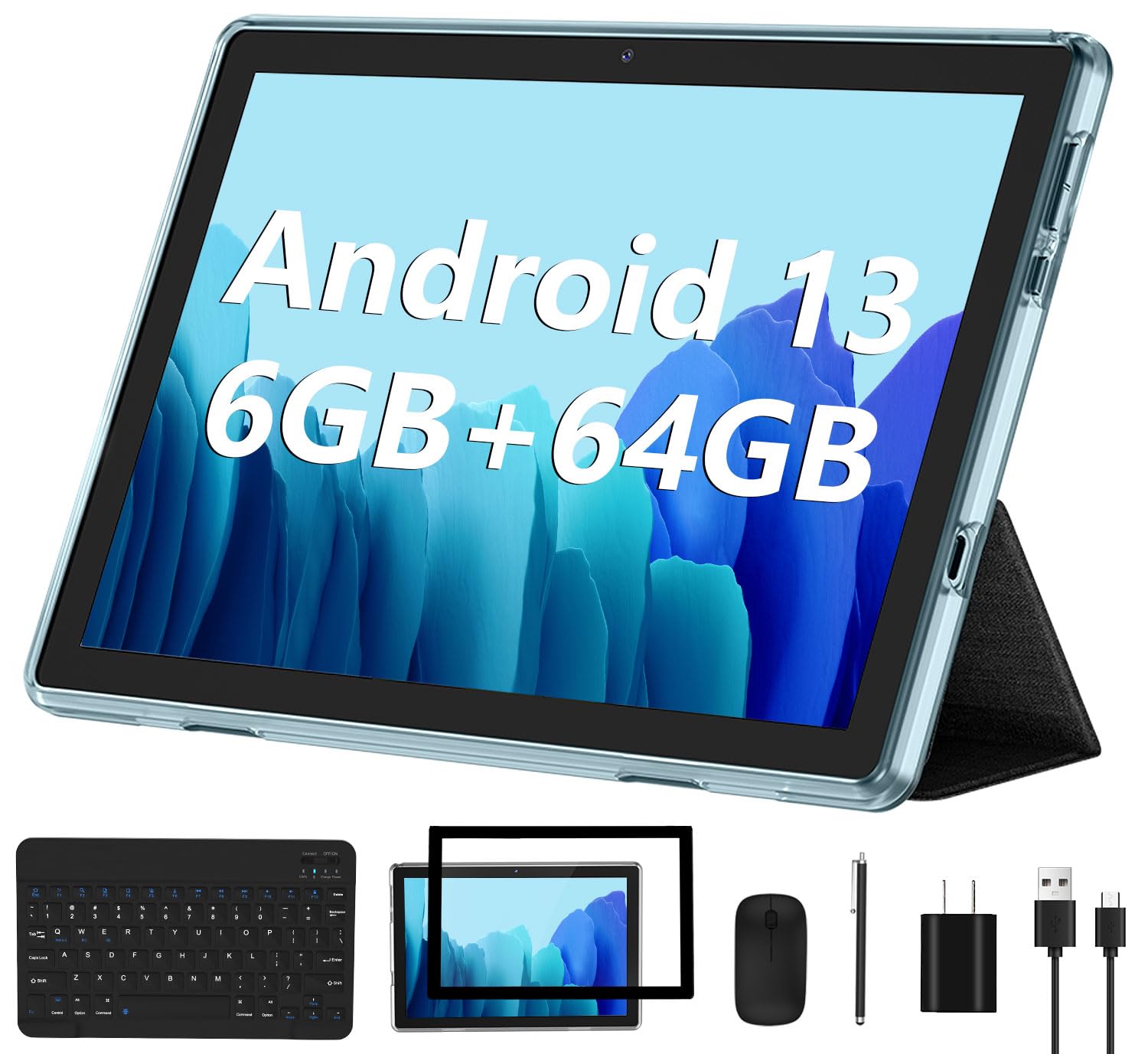 2023 New Android 13 Tablet - 10 Inch 2-in-1 Tablet with 6GB RAM, 64GB ROM, 1TB Expandable Storage, Quad-Core Processor, WiFi 6 & Bluetooth - Includes Keyboard & Mouse, GMS Certified IPS Touch Screen (Blue) - Perfect for Work, Study & Entertainment