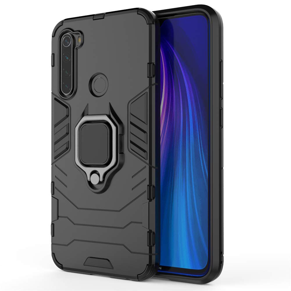 LuluMain Shockproof Rugged Case for Xiaomi Redmi Note 8 - Dual Layer Hard Bumper with Metal Ring Grip & Kickstand | Compatible with Magnetic Car Mount | Perfect for Outdoor Activities, Work & Travel (Black)