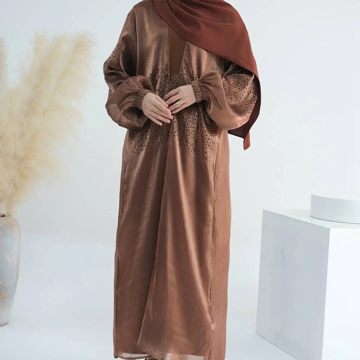 2 Piece Set Bright Wrinkle Puff Sleeve Open Abaya Dress - Elegant Muslim Women's Prayer Dress for Mosque, Eid & Special Occasions