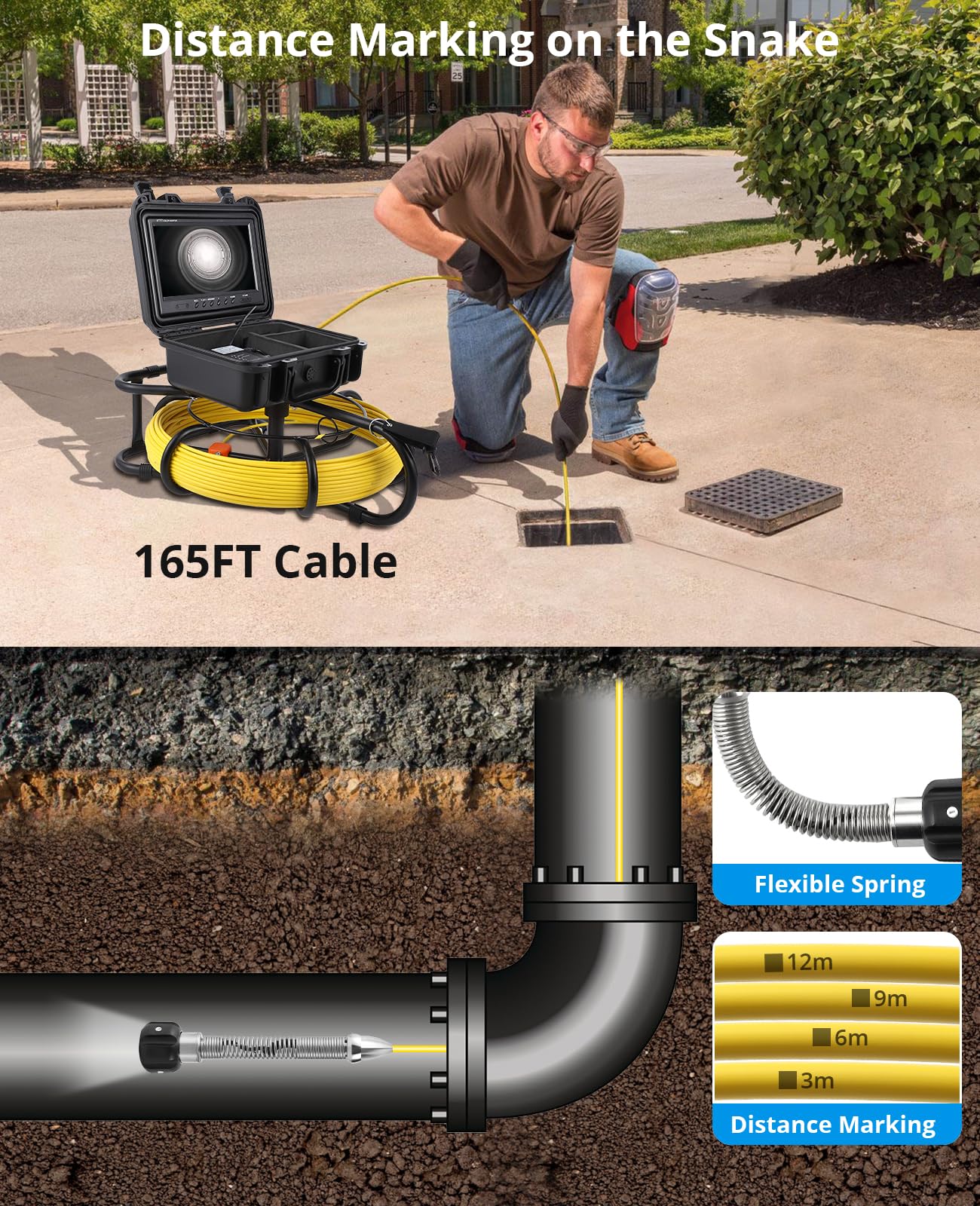 GARVEE 165ft Sewer Inspection Camera with 9 Inch LCD Screen, Adjustable LED Lights, DVR Recording & IP68 Waterproof - Perfect for Plumbing, Pipe Inspection & Drain Cleaning
