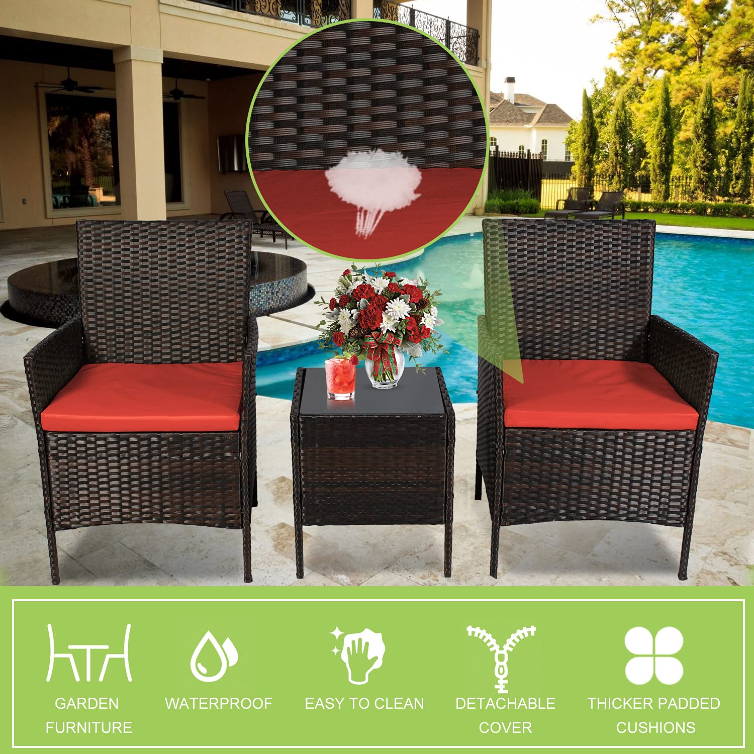 Fine Style 3-Piece Patio Furniture Set - Outdoor Wicker Rattan Conversation Set with Coffee Table, Chairs & Thick Cushions - PE Wicker Porch Set for Garden, Lawn, Backyard, Poolside (Brown-Rust) - Perfect for Outdoor Entertaining & Relaxation