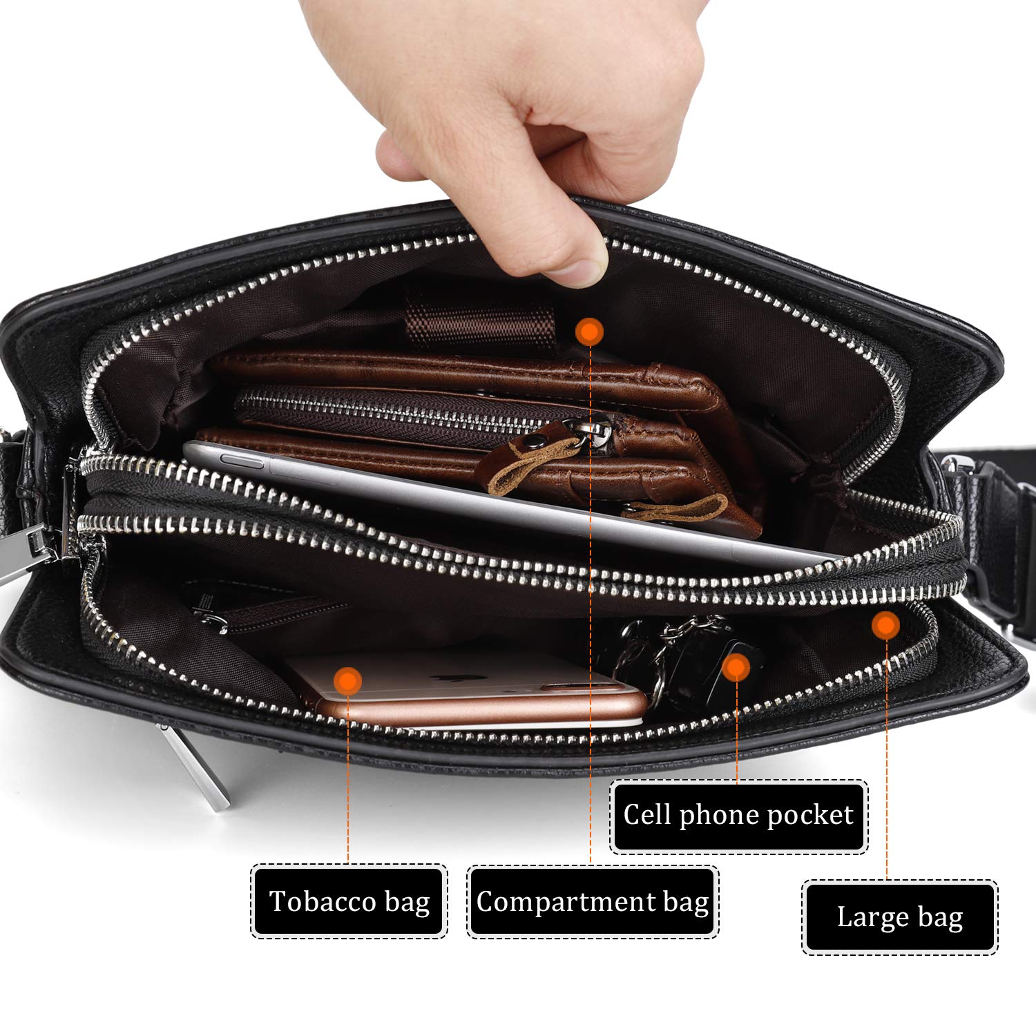 Premium Genuine Leather Messenger Bag for Men - YumSur Crossbody Shoulder Bag with Adjustable Strap, Business Work Office Laptop iPad Bag, Perfect for Commuting, Travel & School (Black)