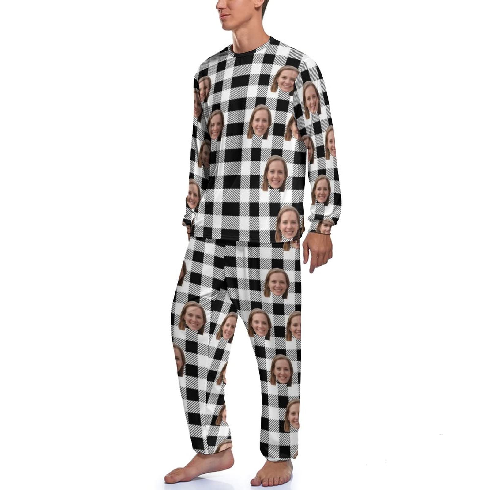 Custom Personalized Face Pajama Sets with Name - Funny Gift Sleepwear for Men, Dad, Husband & Boyfriend - Heart Print Blue Pajamas for Christmas, Birthday & Anniversary Gifts - Cozy Lounge Wear for Relaxing at Home