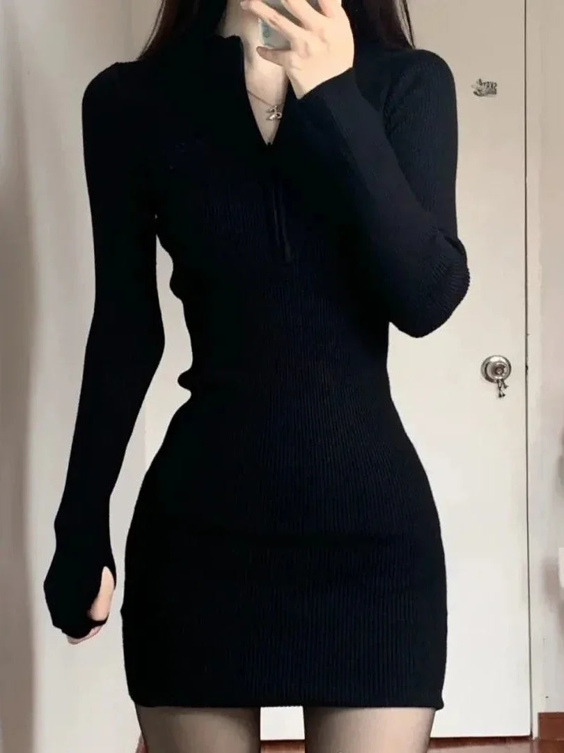 Sexy Black Bodycon Knitted Wrap Dress for Women - Slim Fit Short Dress for Fall & Autumn - Solid Color Outfits & Robes - Perfect for Date Night, Parties & Casual Wear