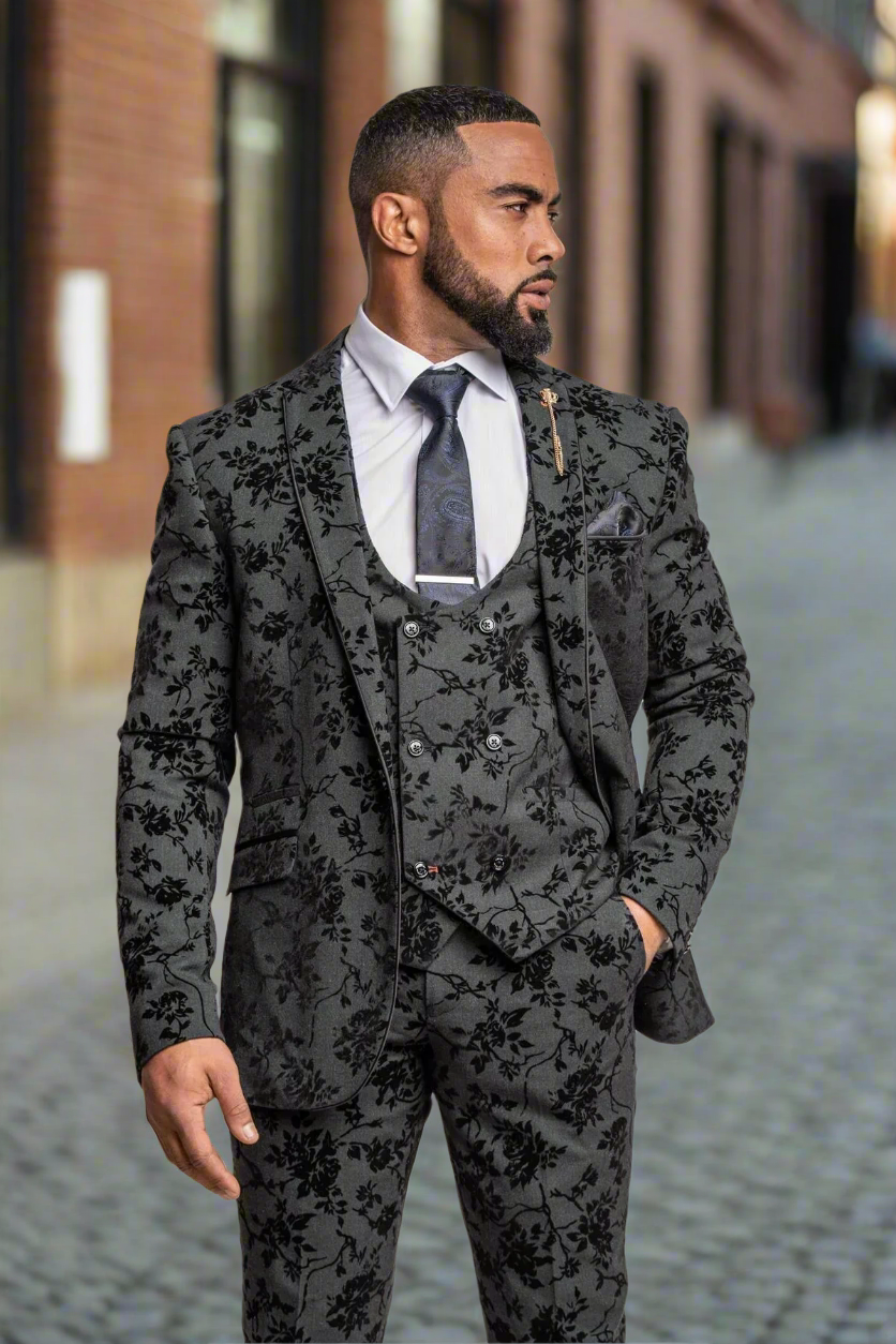 Cavani Georgi Floral 3-Piece Black Red Carpet Suit for Men - Elegant Formal Wear for Weddings, Prom & Special Occasions