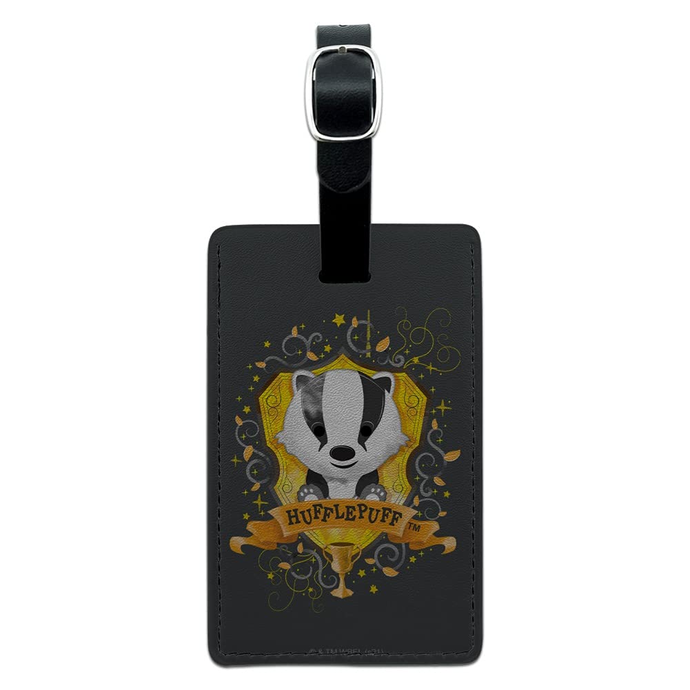 Harry Potter Chibi Hufflepuff Rectangle Leather Luggage Tag - Cute ID Card Holder for Travel Bags, Suitcases & Backpacks - Perfect for Potter Fans & Travel Accessories