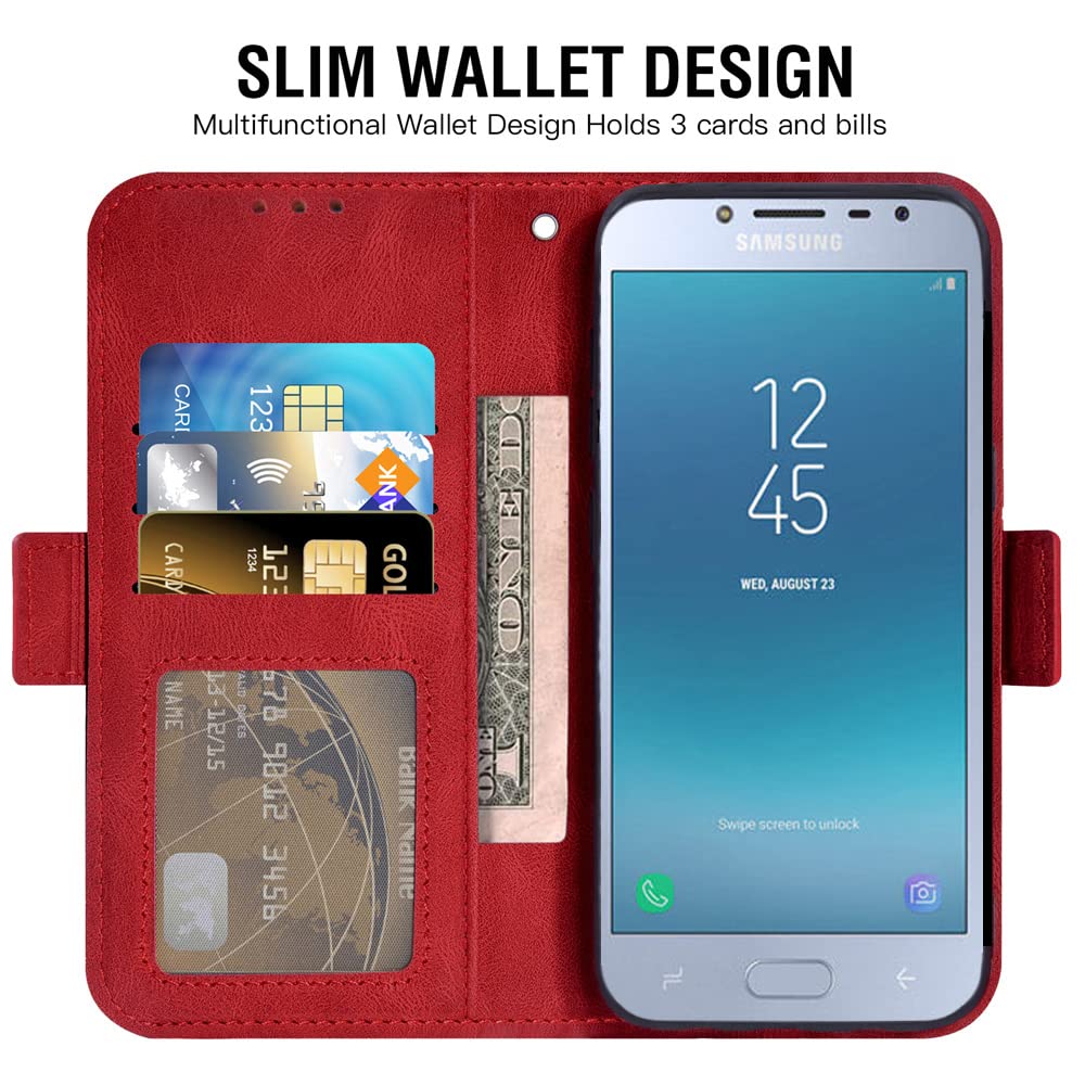 Asuwish Wallet Case with Card Holder & Stand + Tempered Glass Screen Protector for Samsung Galaxy J2 Pro 2018 (J2/J2 Pro/J250M/SM-J250M) - Red | Slim Flip Cover with RFID Protection for Daily Use & Travel Accessories