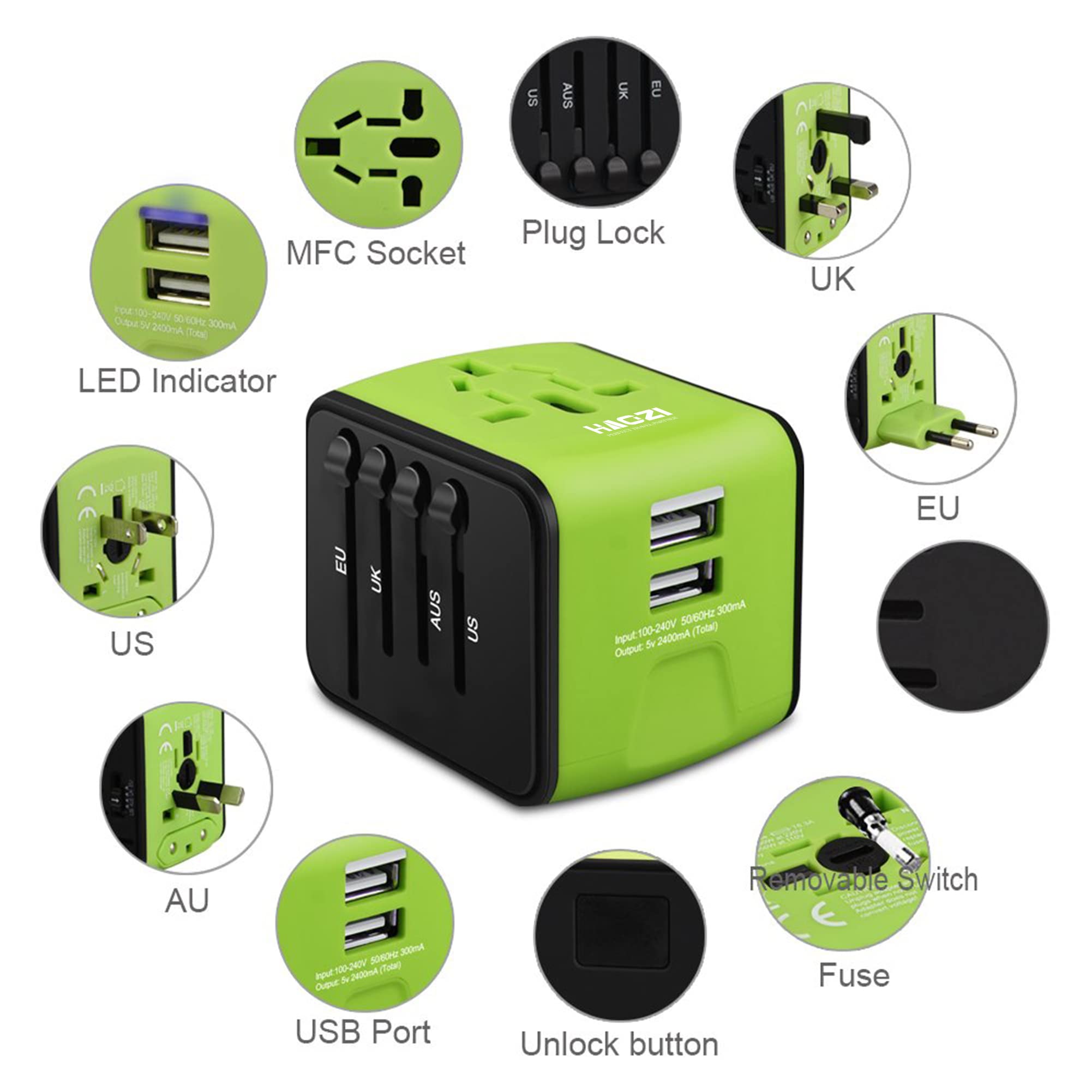 Universal Travel Adapter with 2.4A Dual USB - All-in-One International Power Charger for US, UK, EU, AU & Asia (150+ Countries) - Compact Green Wall Charger for Travel, Business Trips & Vacation Essentials