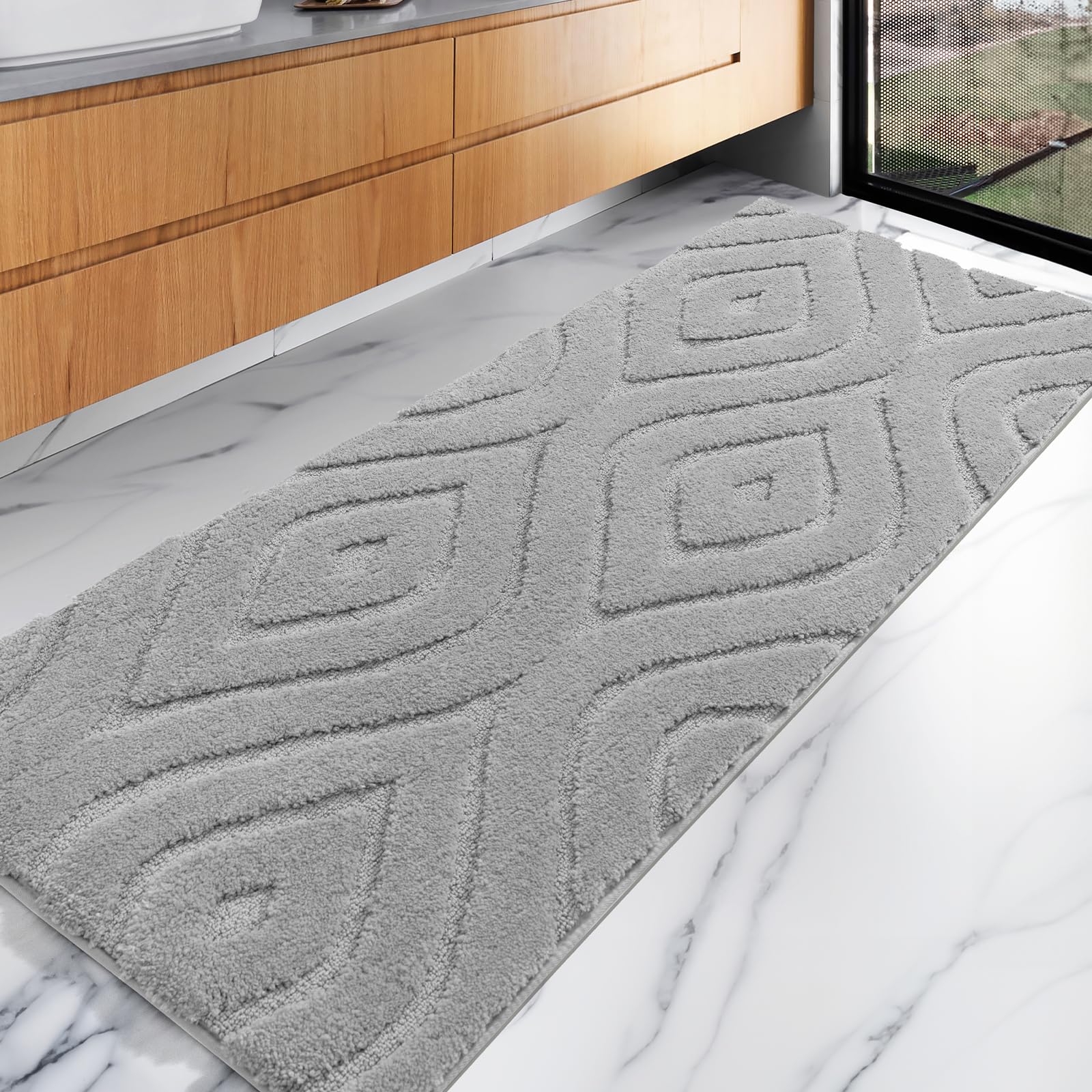 DEXDE Non-Slip Soft Washable Bathroom Rug Runner 24x60 Inches - Large Absorbent Bath Mat for Bathroom, Bedroom, Hallway & Kitchen Floor - Modern Boho Decor Gray - Perfect for High-Traffic Areas & Cozy Home Decor