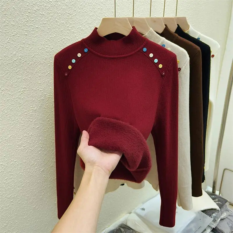 Women's Solid Color Velvet Button Sweater - Korean Fashion Warm Knitwear Long Sleeve Pullover Top for Autumn Winter | Cozy Thick Festival Wear for Holiday Parties & Casual Outings