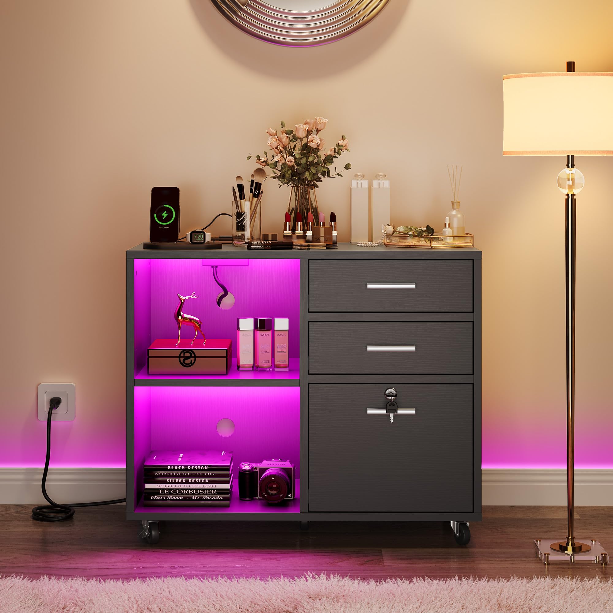 YITAHOME 3-Drawer Wooden File Cabinet with Wheels - Mobile Lateral Storage Cabinet, Printer Stand with Charging Station & LED Light for Home Office Organization - Black - Perfect for Small Spaces, Document Storage and Workspace Organization