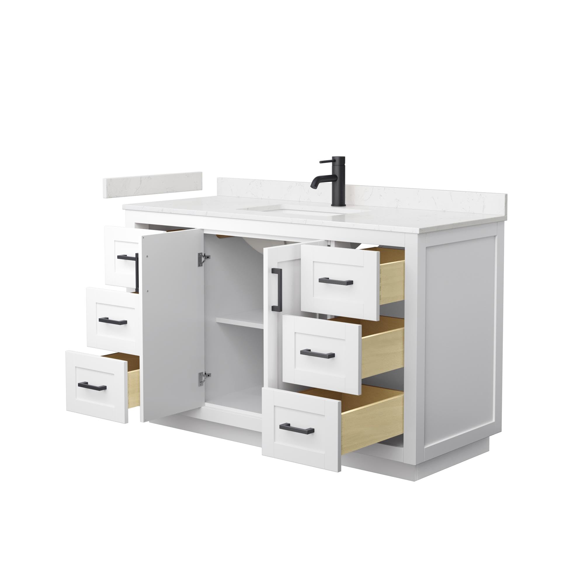 Wyndham Collection Miranda 54 Inch White Bathroom Vanity with Light-Vein Carrara Marble Countertop & Undermount Square Sink - Matte Black Trim for Modern Bathroom Remodeling & Home Upgrade