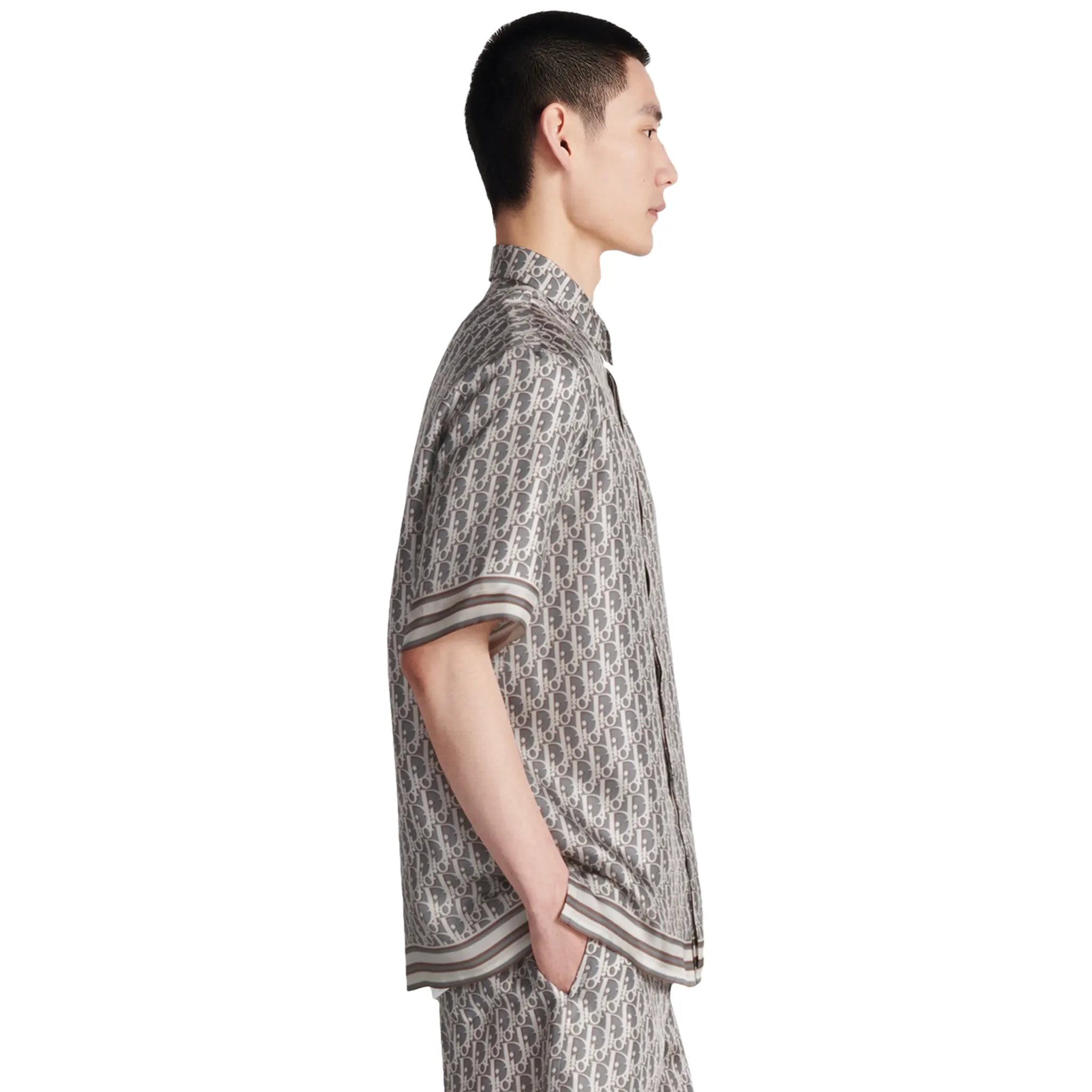 Dior Oblique Short Sleeve Grey Silk Twill Shirt for Men - Luxury Casual Wear & Office Fashion