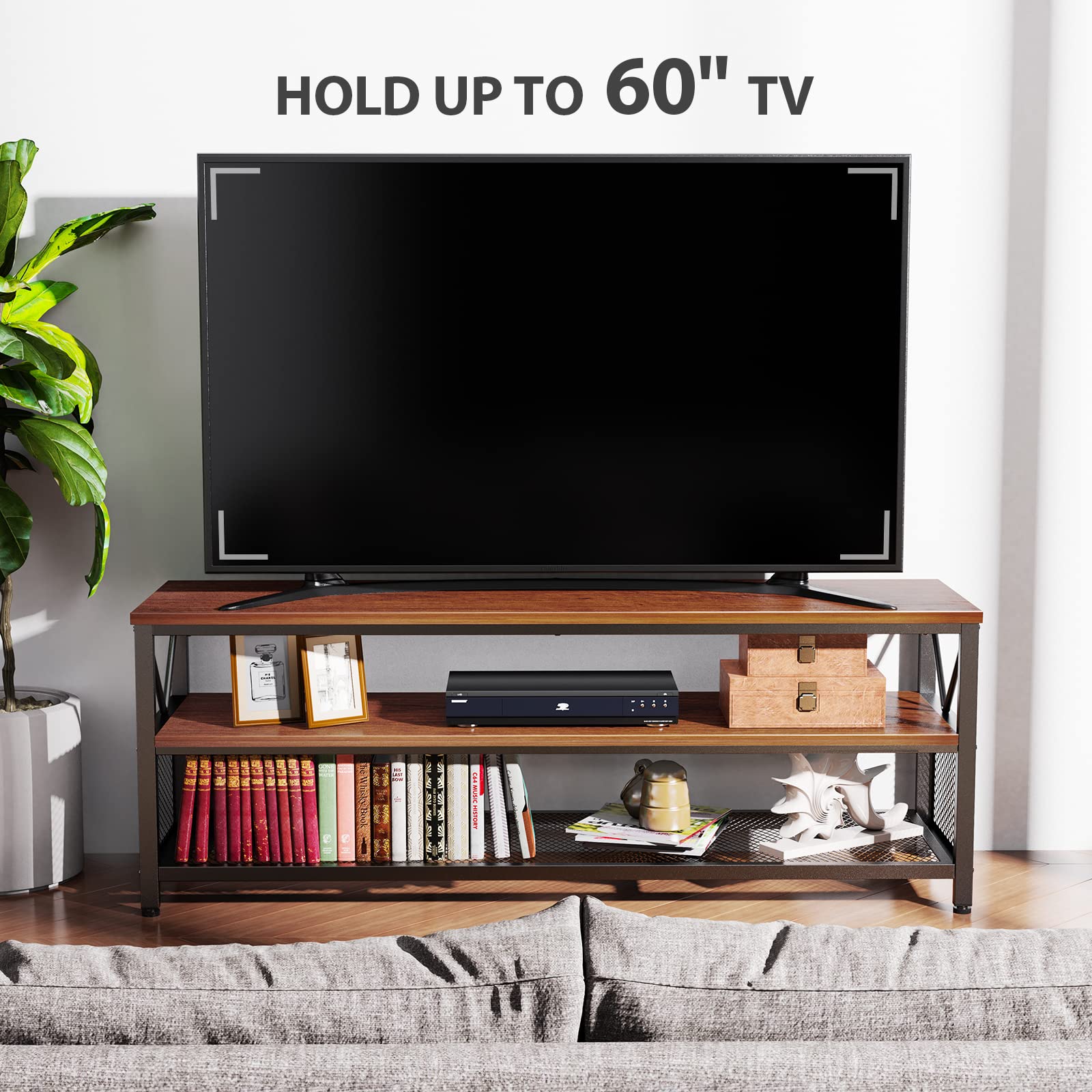 NOBLEWELL 60 Inch TV Stand with Storage - 3-Tier Wooden Entertainment Center & Media Console for Living Room, Bedroom, Home Theater - Fits Flat Screen TVs up to 60