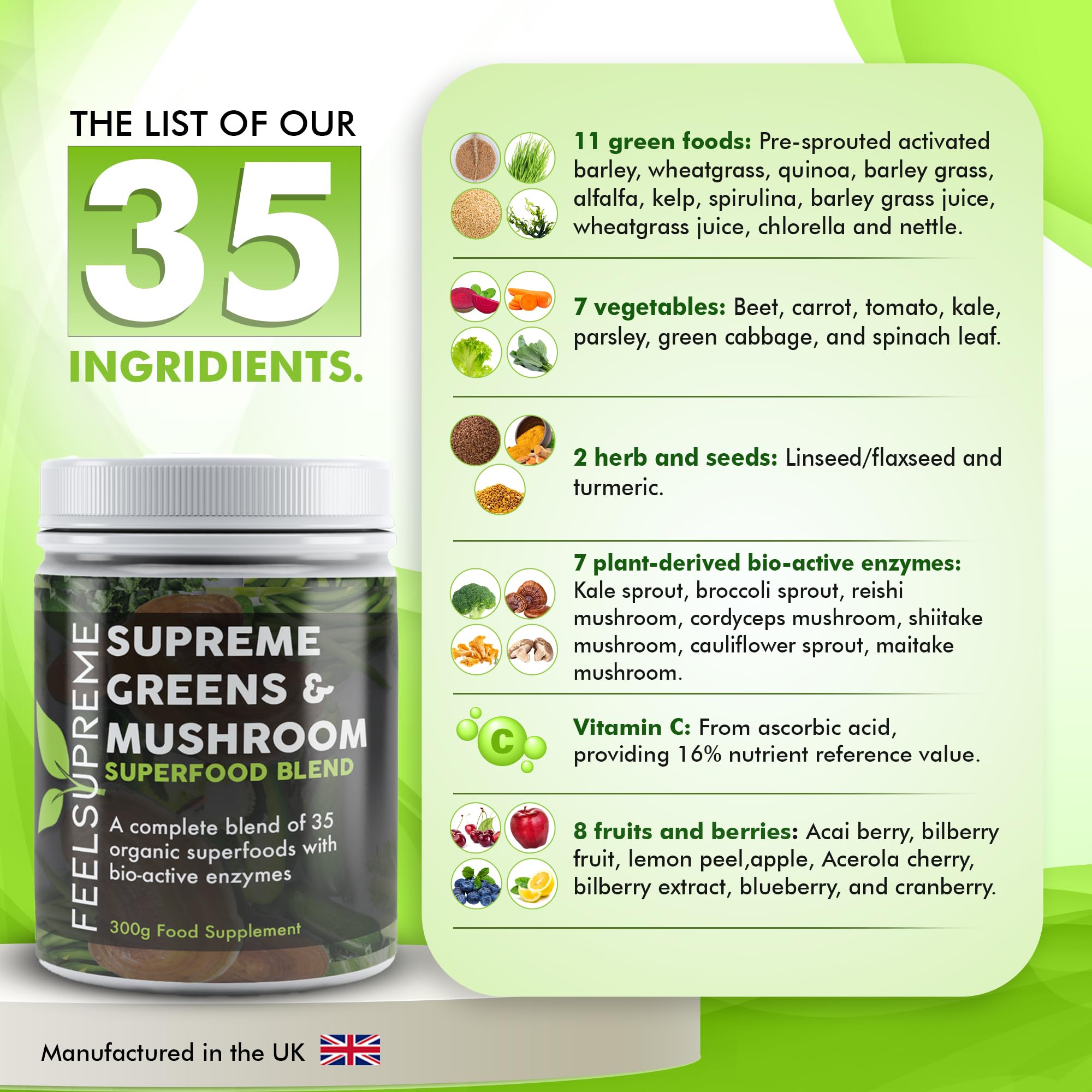 Feel Supreme - Organic Super Greens & Mushroom Powder with 35 Superfoods - High in Fiber, Protein, Vitamin C & Spirulina - No Added Sugar - 300g Greens Supplement for Energy, Detox & Immune Support - Perfect for Smoothies, Juices & Wellness Routines