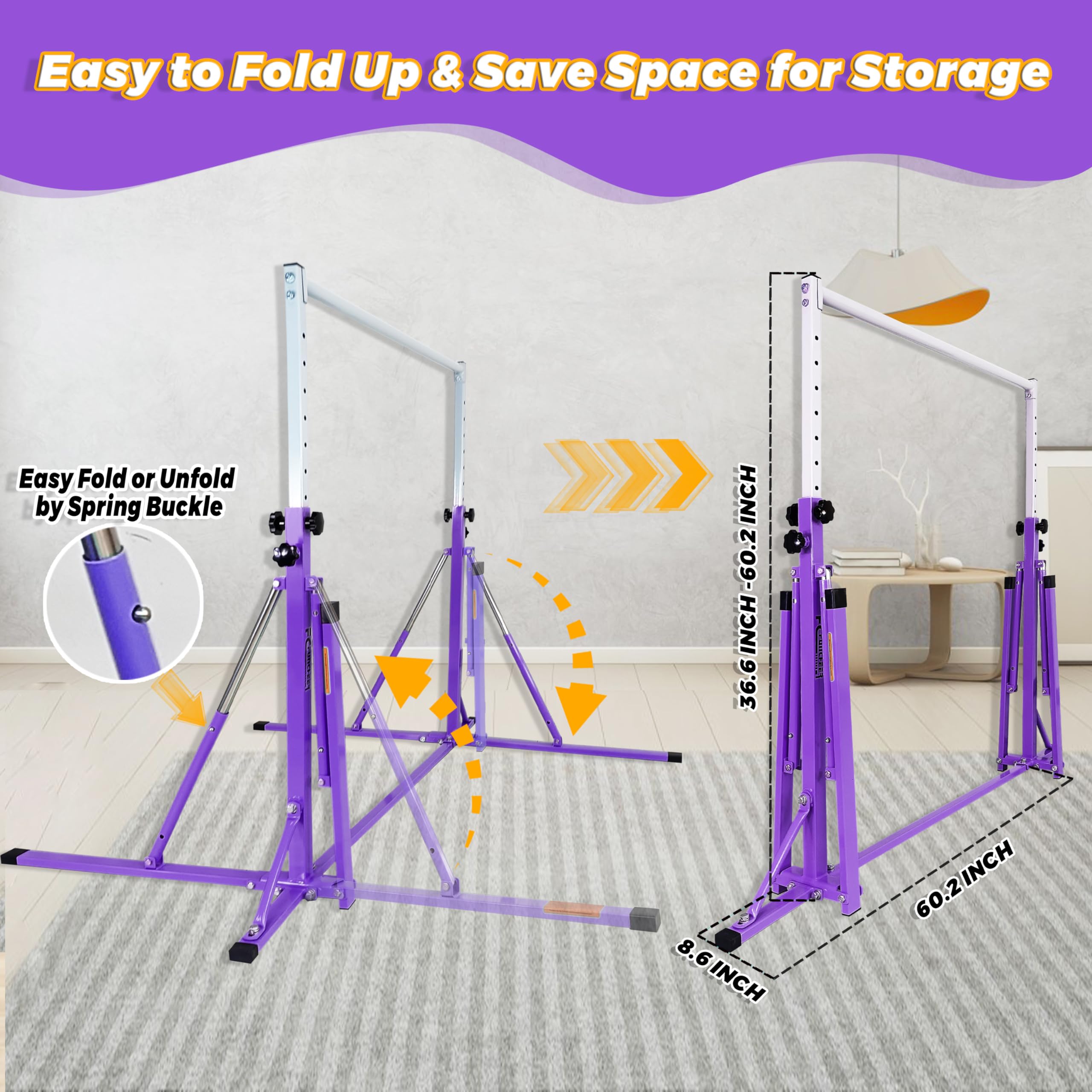 Foldable Gymnastics Bar for Kids Ages 3-15 | 5FT Adjustable Horizontal Training Bar with Triangle Stable Structure | Home Gym Equipment for Indoor Gymnastics Practice, Strength Training & Playtime