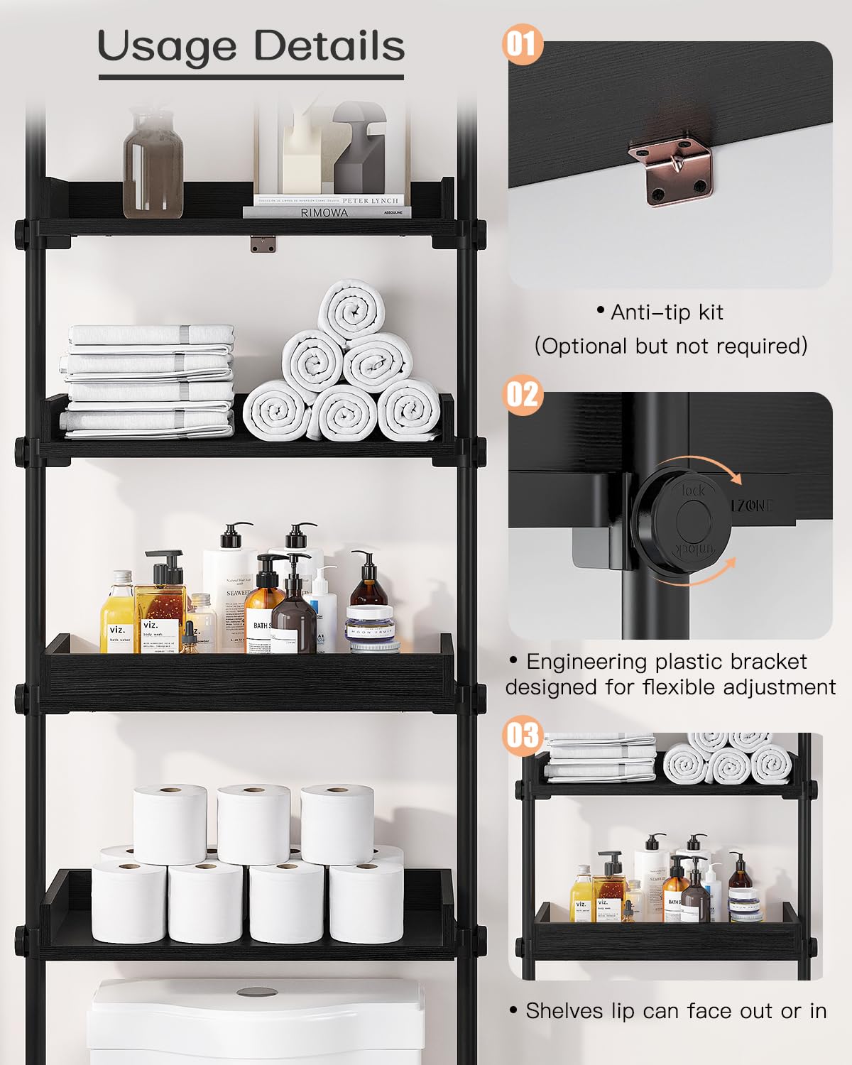 ALLZONE Adjustable Over The Toilet Storage Cabinet - 4 Shelves Bathroom Organizer with Tension Mount (Fits 92-116 Inch Height, Black) - Perfect for Small Bathrooms, Apartment Storage & Space Saving Solutions
