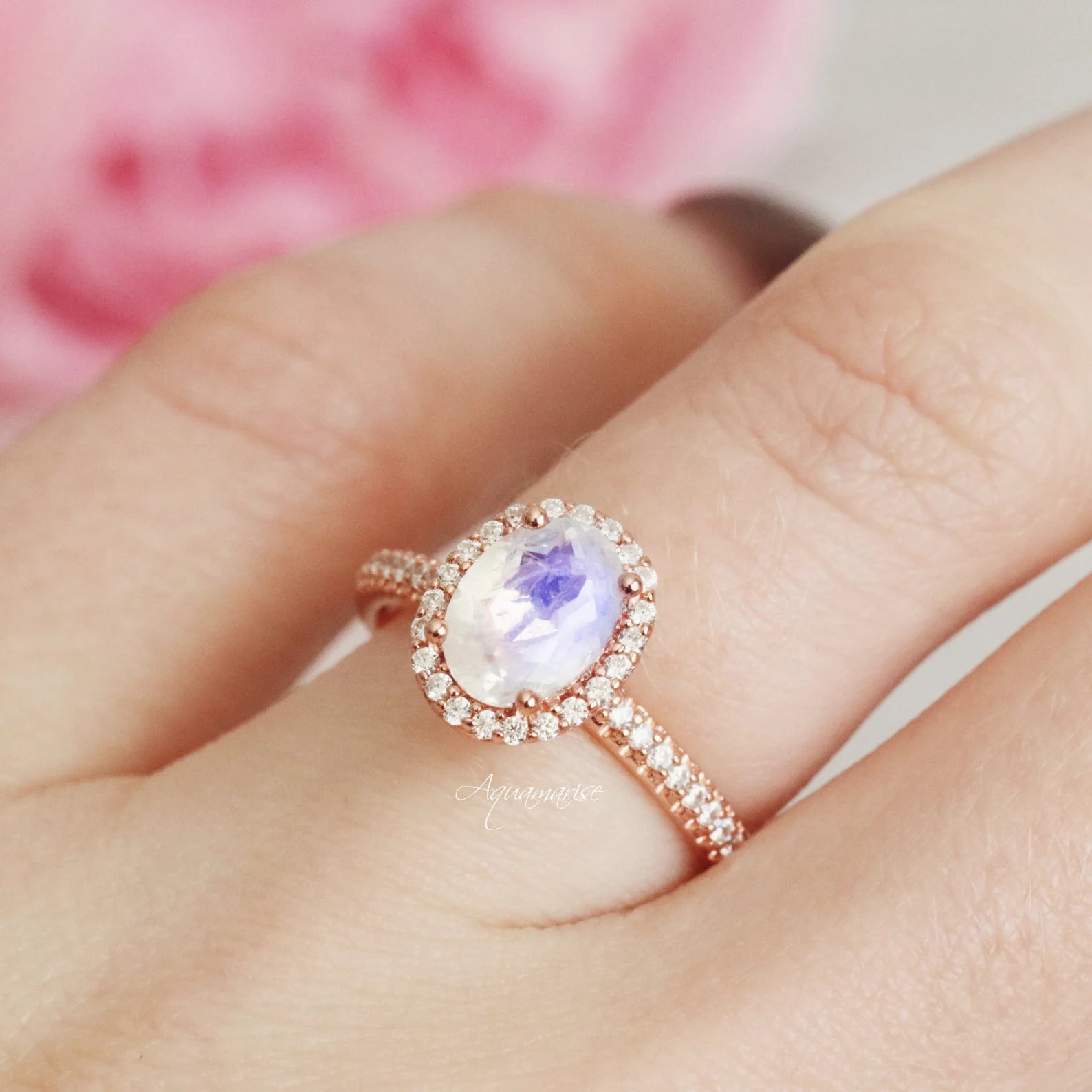 14K Solid Rose Gold Iris Moonstone Engagement Ring - Perfect for Proposals, Weddings & Anniversary Gifts