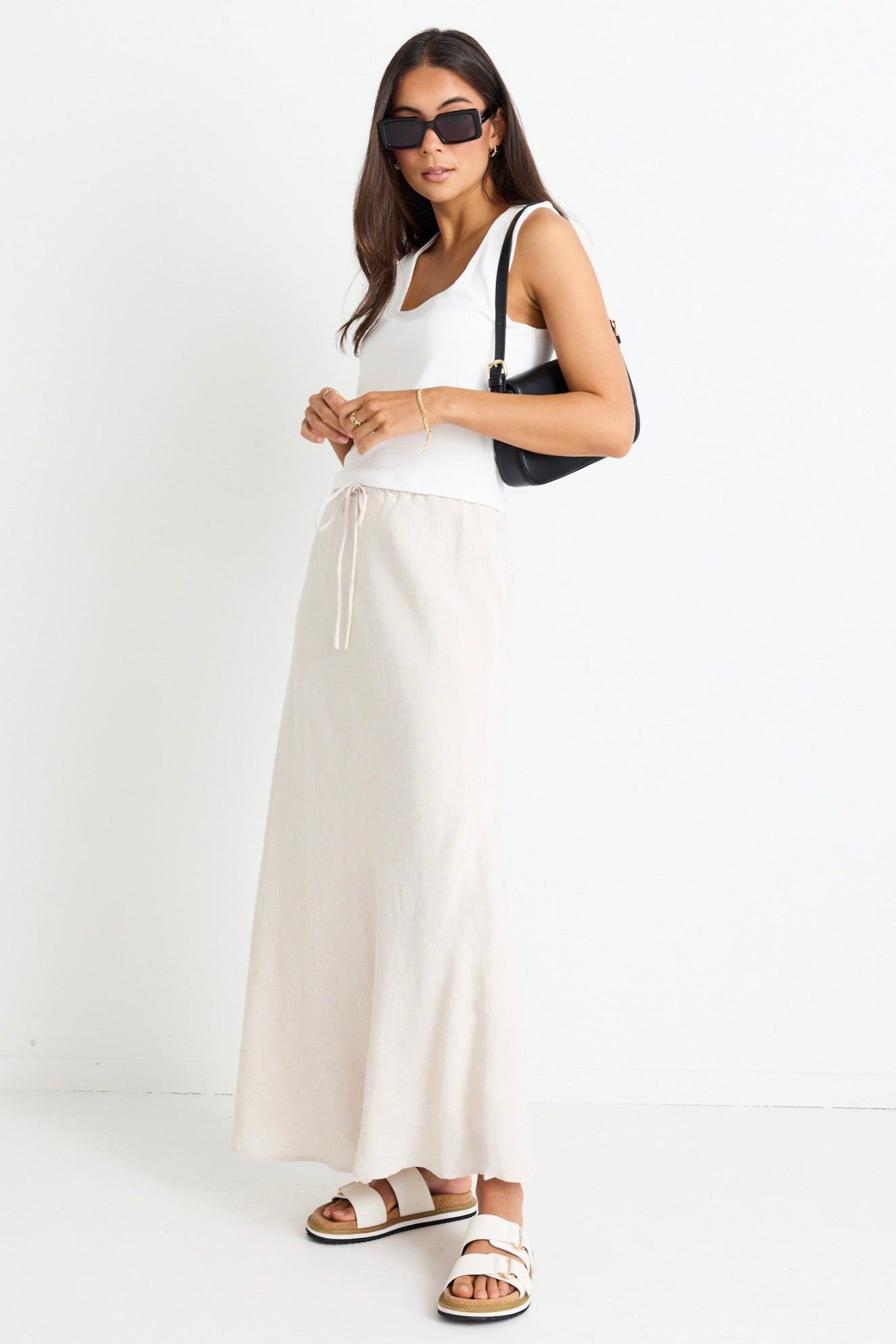 Summit Natural Linen Blend Tie Waist Bias Maxi Skirt for Women - Comfortable Summer Beach Dress with Pockets - Perfect for Vacation, Boho Outfits & Casual Wear