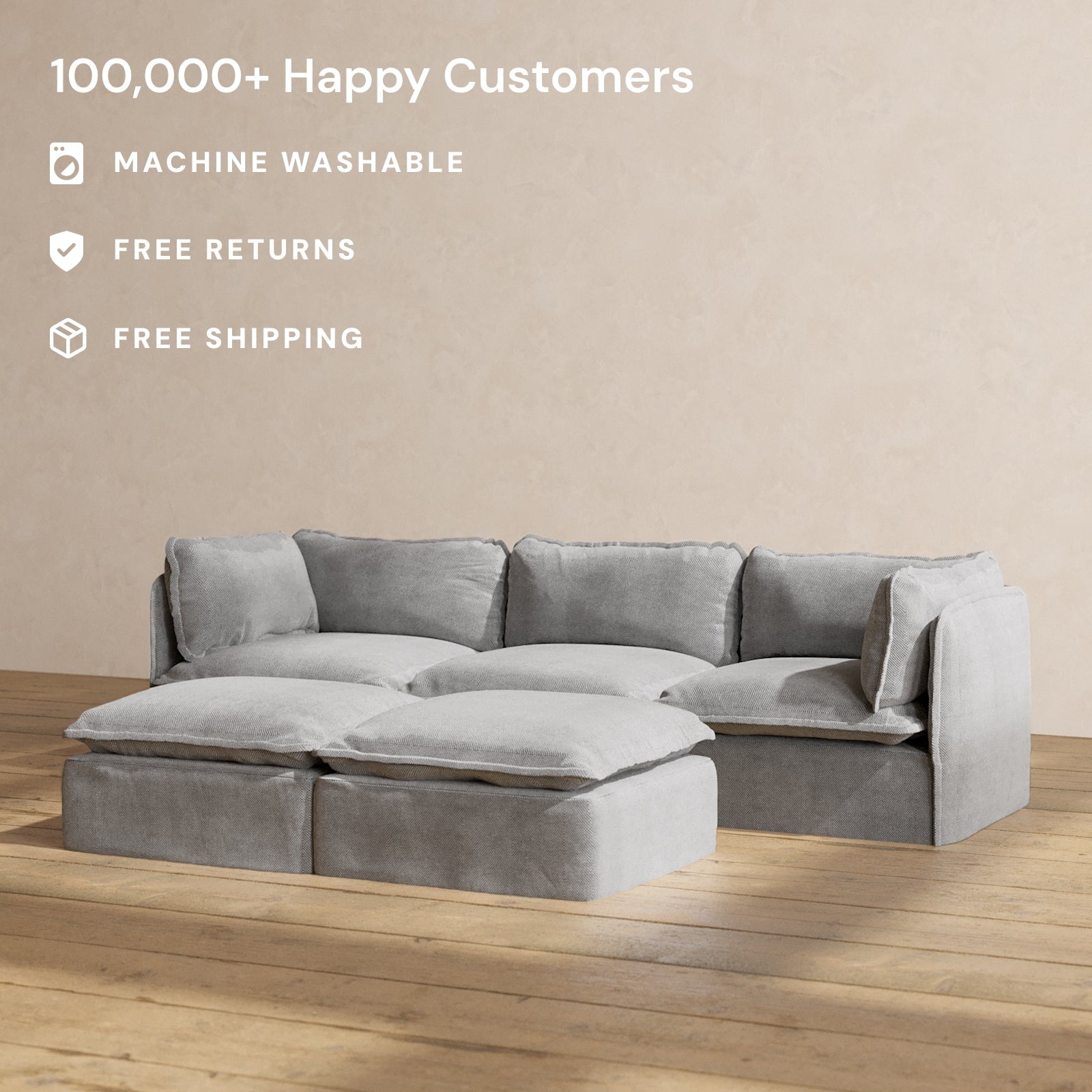 Premium Modular Performance 3-Seater Sofa with Bench Ottoman in Ash Gray - Modern Living Room Furniture for Home Theater & Family Gatherings