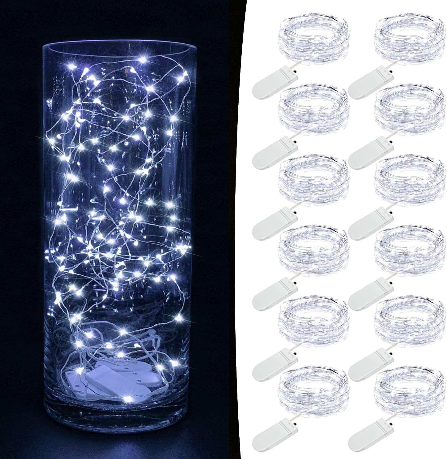 12 Pack 7.2ft Battery Operated Fairy Lights with 20 Mini LEDs - Cool White String Lights for Wedding Centerpieces, Party Decor, Bedroom, Mason Jars & Christmas Tree Decorations - Indoor/Outdoor Use