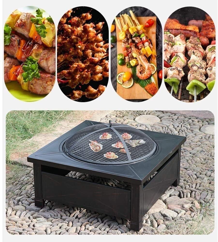 Square Metal Outdoor Fire Pit with Spark Screen Cover - Wood Burning BBQ Grill & Patio Stove for Backyard, Camping, and Garden Gatherings
