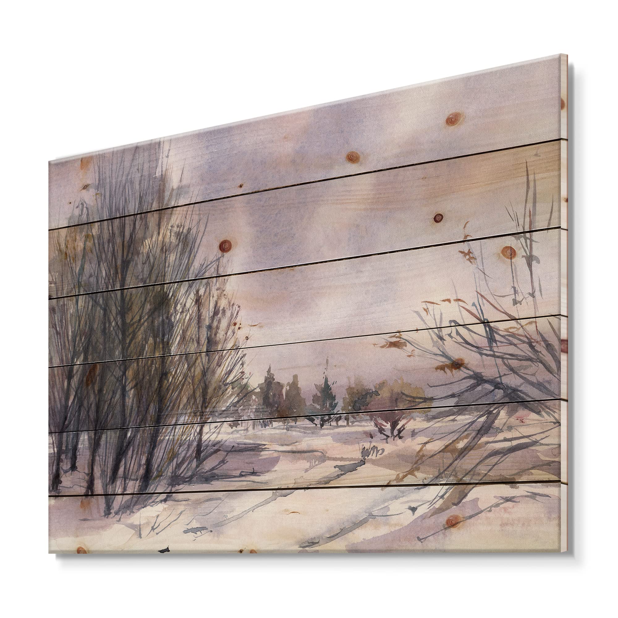 DesignQ Winter Landscape Wood Wall Art - Purple Snowy Pine Wood Panel Decor, Traditional Large Landscape Print for Living Room, Bedroom & Office