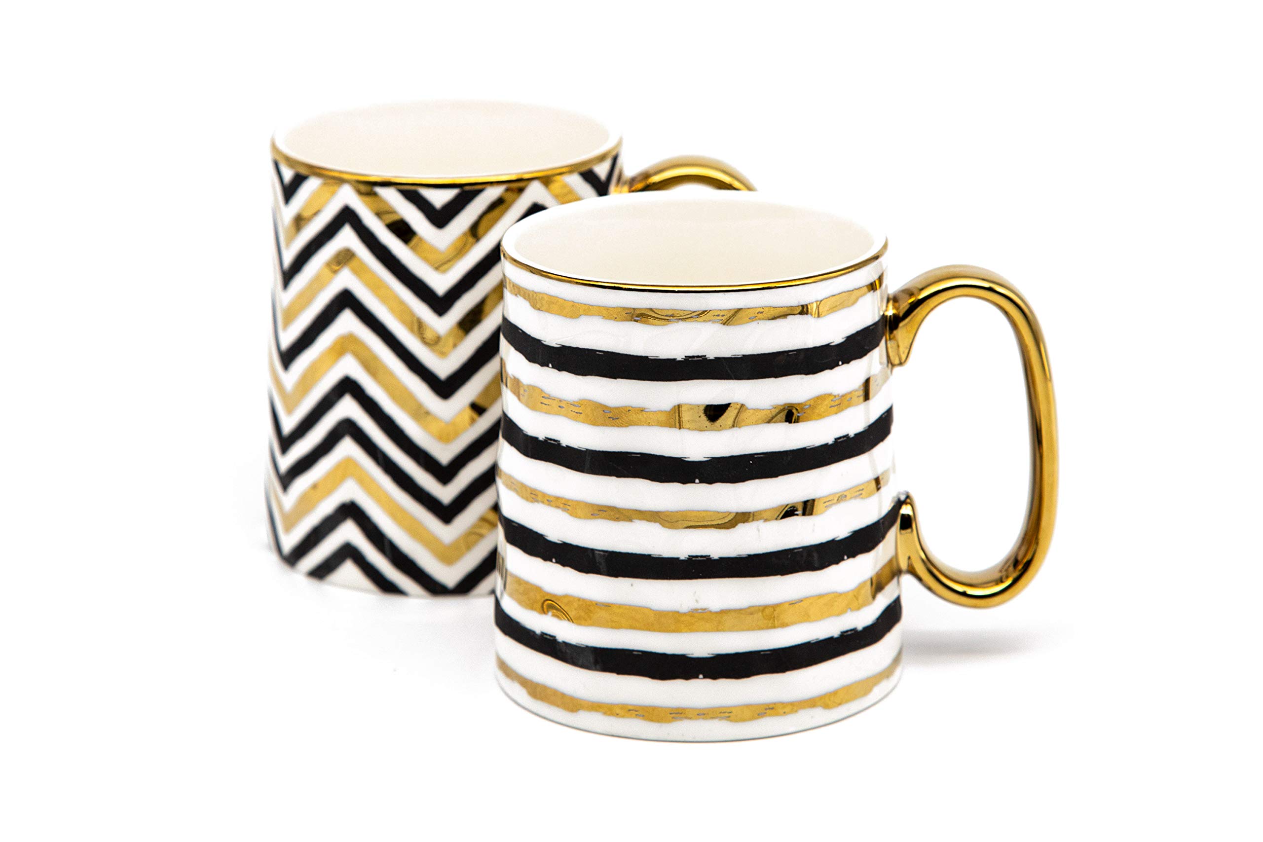 Premium Black and Gold Porcelain Coffee Mug Set - 14.8 oz Geometric Design with Metallic Accents - Elegant Tea Cups with Handles (Set of 2) - Perfect for Home, Office, or Gift Giving