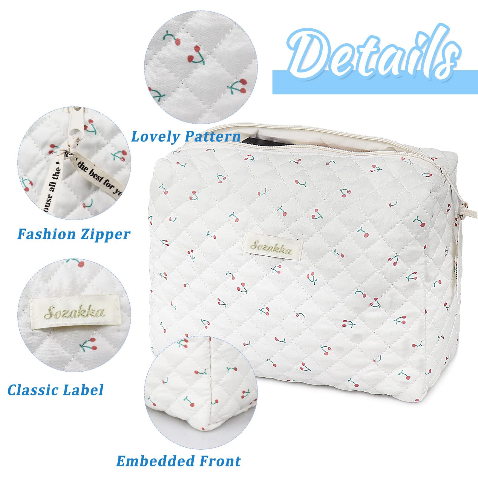 Floral Travel Toiletry Bag for Women - Cotton Makeup Organizer with Cherry-White Design - Portable Cosmetic Storage Pouch - Perfect for Vacation, Gym & Business Trips