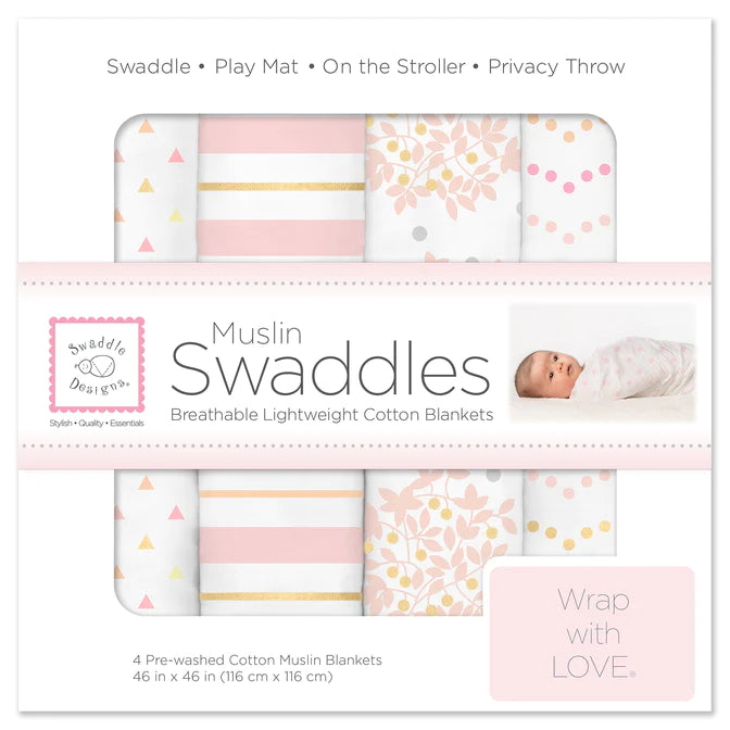 Premium Muslin Baby Blankets Set of 4 - Soft Floral & Gold Shimmer Swaddle Blankets for Newborns | Perfect for Nursery, Swaddling, Stroller & Photo Shoots