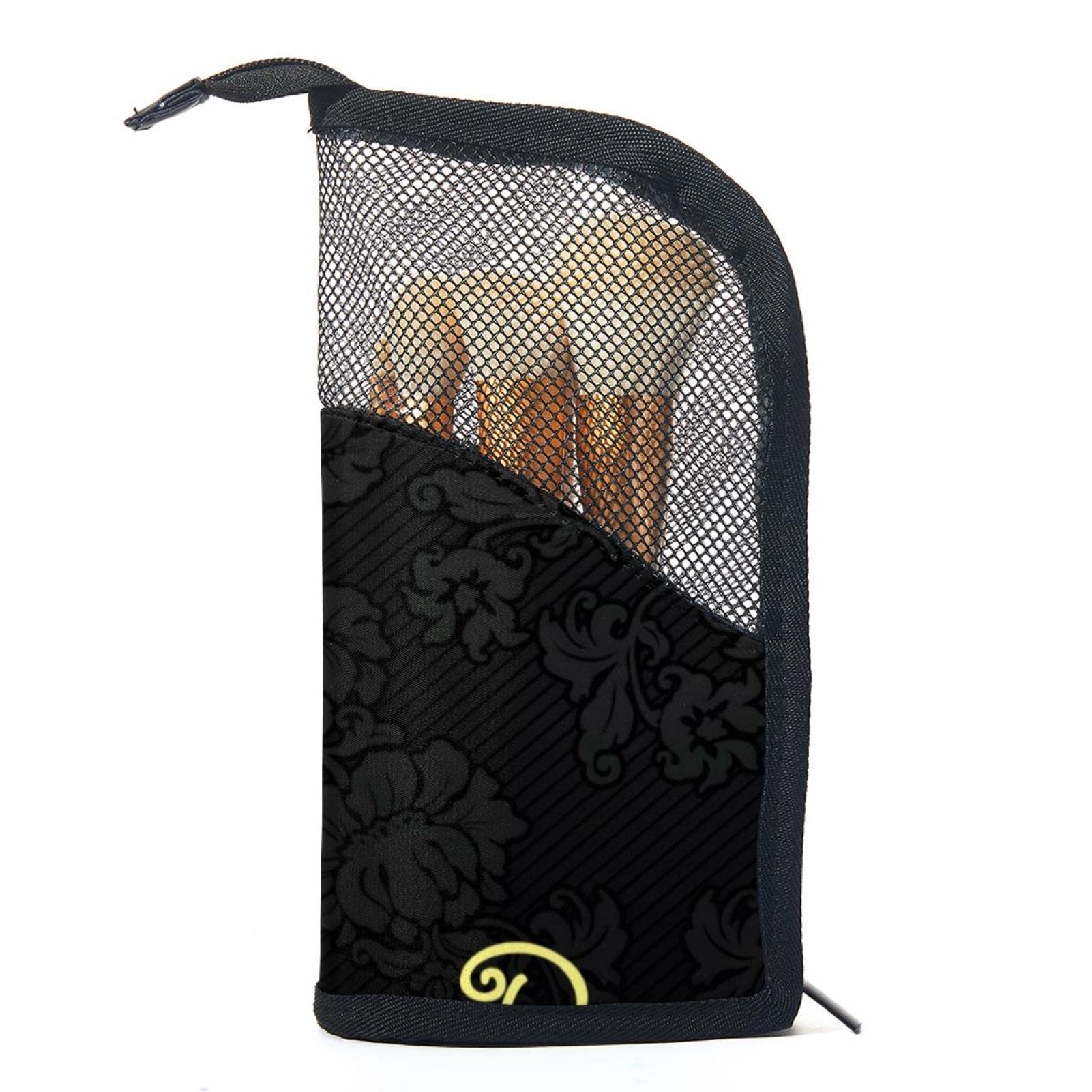 12-Piece Makeup Brush Organizer Bag with Golden Flower Black Floral Design - Portable Travel Cosmetic Brush Holder Case for Professional Makeup Artists & Beauty Enthusiasts - Perfect for Home, Travel, and Salon Use