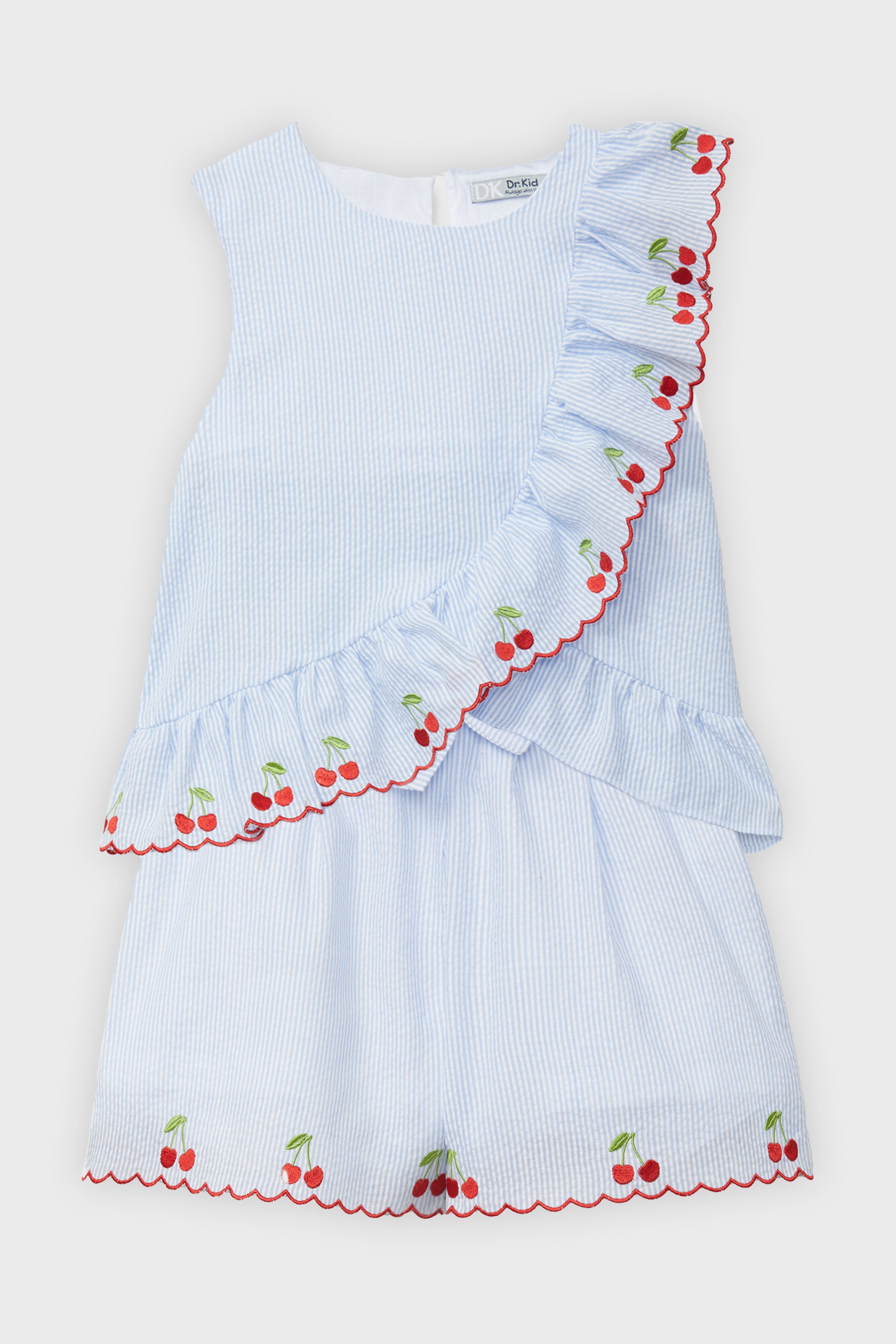 Stylish Blue Striped Cherry Print Top & Shorts Set - Women's Summer Outfit for Beach, Vacation & Casual Wear