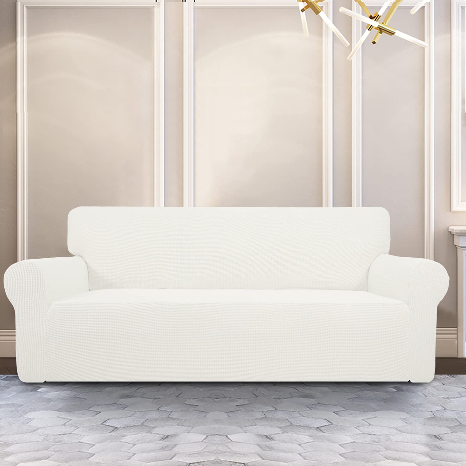 PureFit Stretch Sofa Slipcover - Washable Jacquard Spandex Couch Cover with Non-Slip Foam & Elastic Bottom | Furniture Protector for Pets & Kids | Perfect for Living Room, Family Room & Home Decor (Cream)