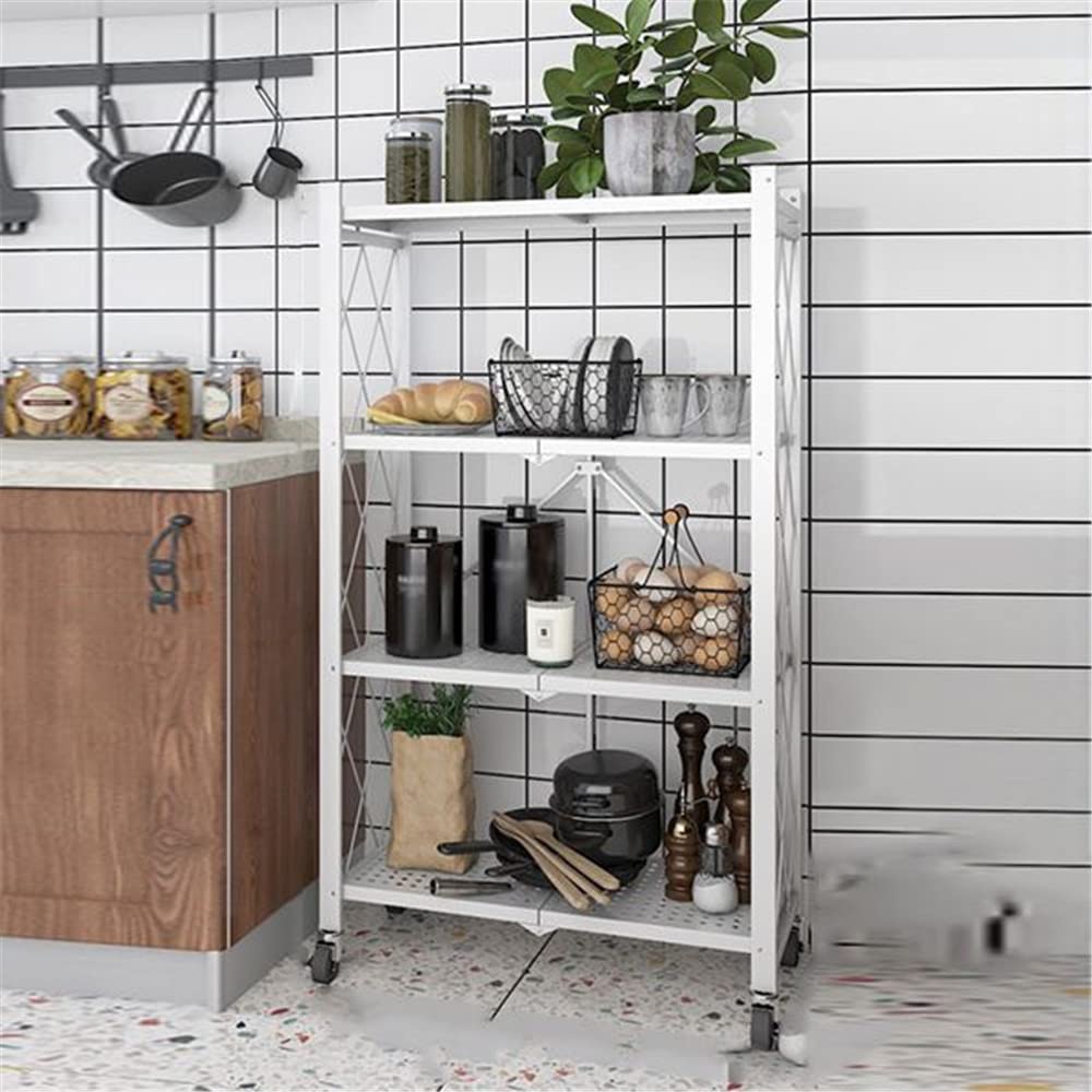 4-Tier Foldable Metal Storage Shelf with Wheels - Heavy Duty Freestanding Shelving Unit for Kitchen, Pantry, Closet, Garage - White 28