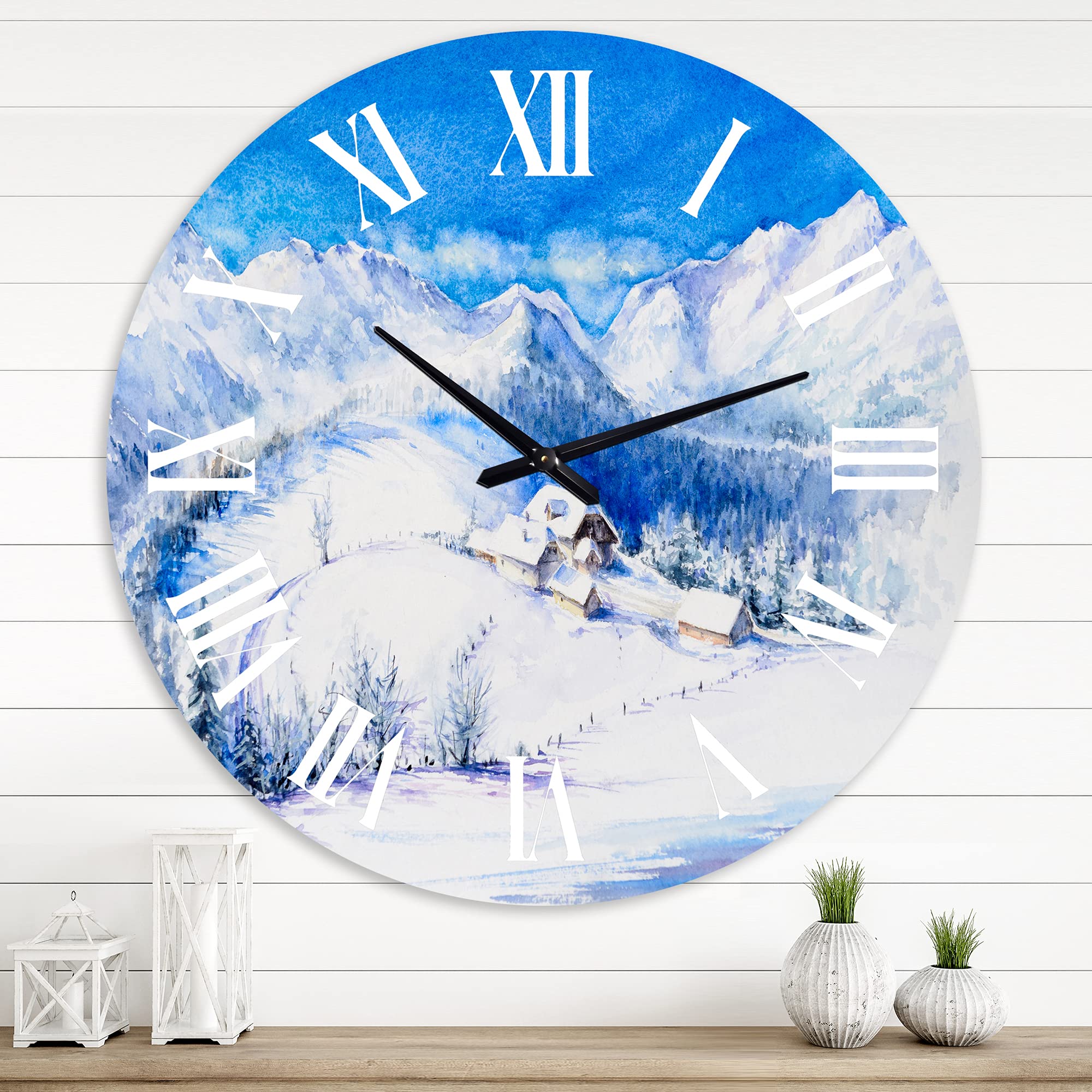 DesignQ Traditional Wall Clock - Winter Mountain Landscape with Wooden House - Large Nature-Themed Wall Clock for Home & Office Decor - Perfect for Living Room, Bedroom, and Cabin